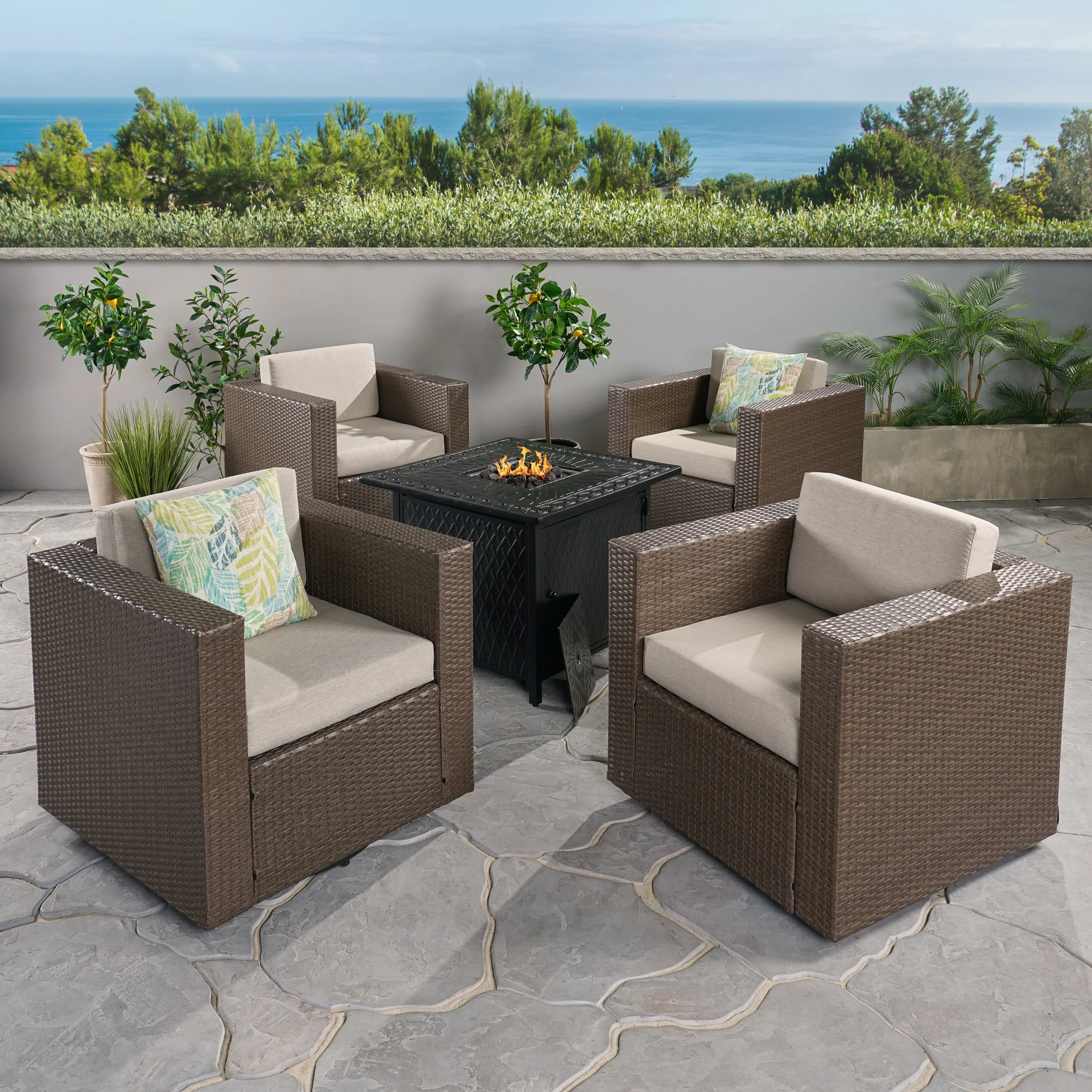 Calella Outdoor 4 Seater Wicker Swivel Chair and Fire Pit Set - furnishings