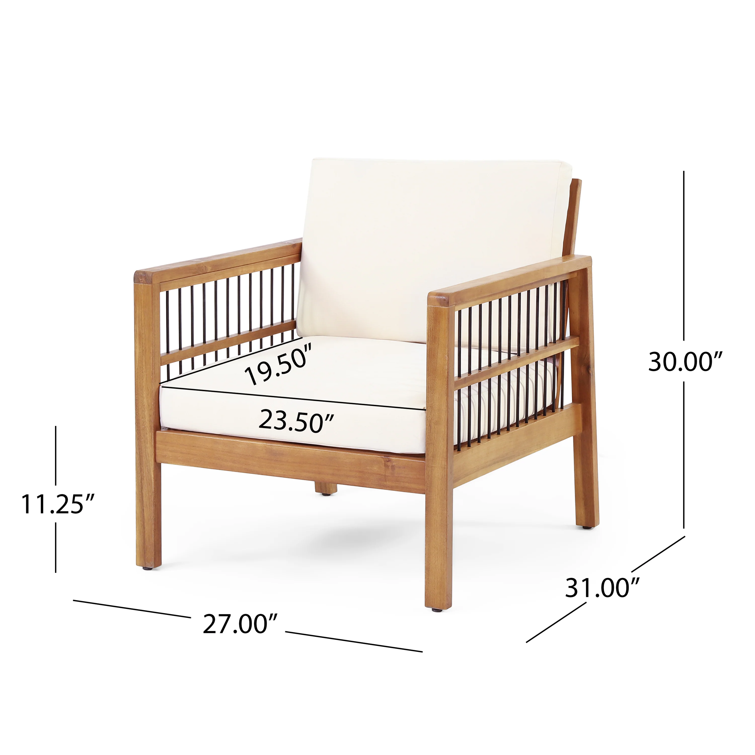 Sagewood Outdoor Acacia Wood and Iron Club Chair with Cushions - furnishings