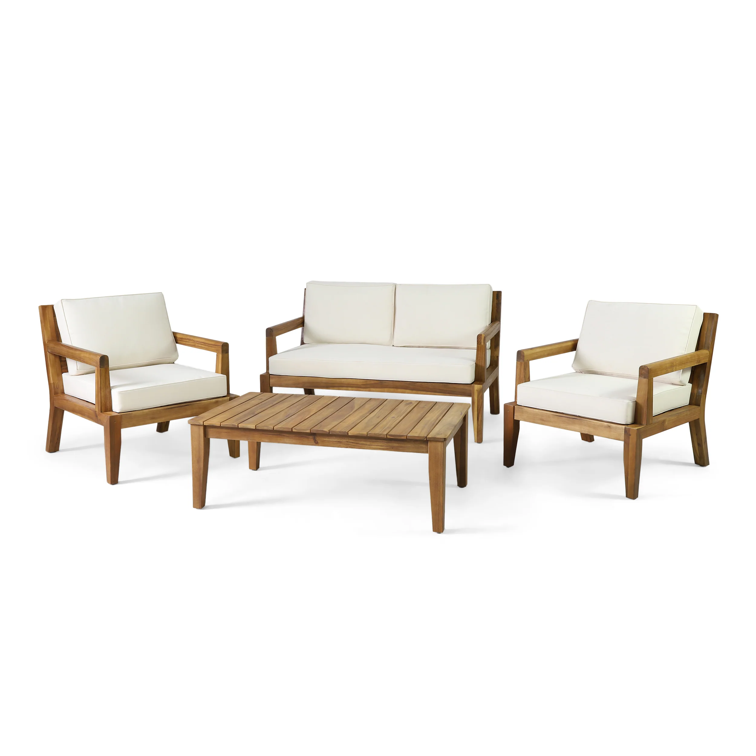 Camak Rossville Outdoor Acacia Wood Chat Set, Teak and Beige - furnishings