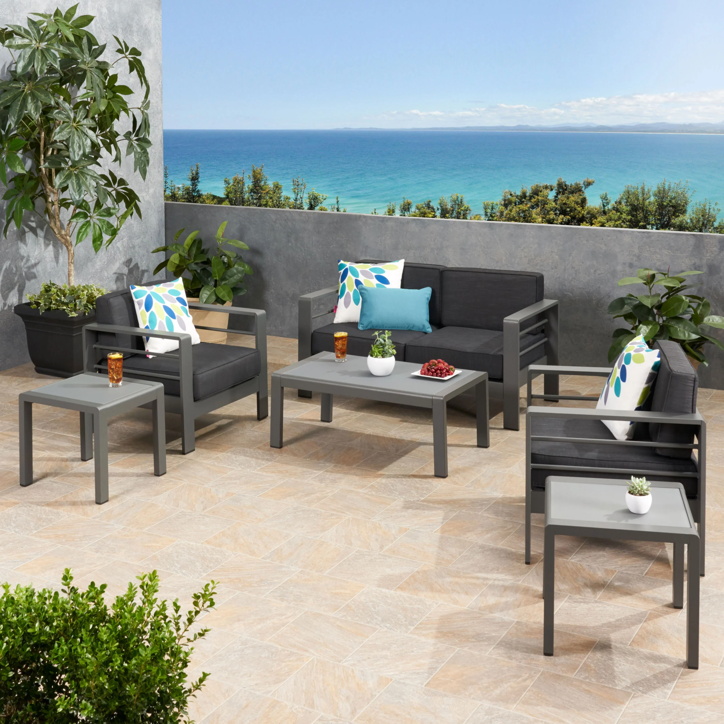 Crested Bay Outdoor Aluminum 4 Seater Chat Set and Side Table Set with Cushions - furnishings