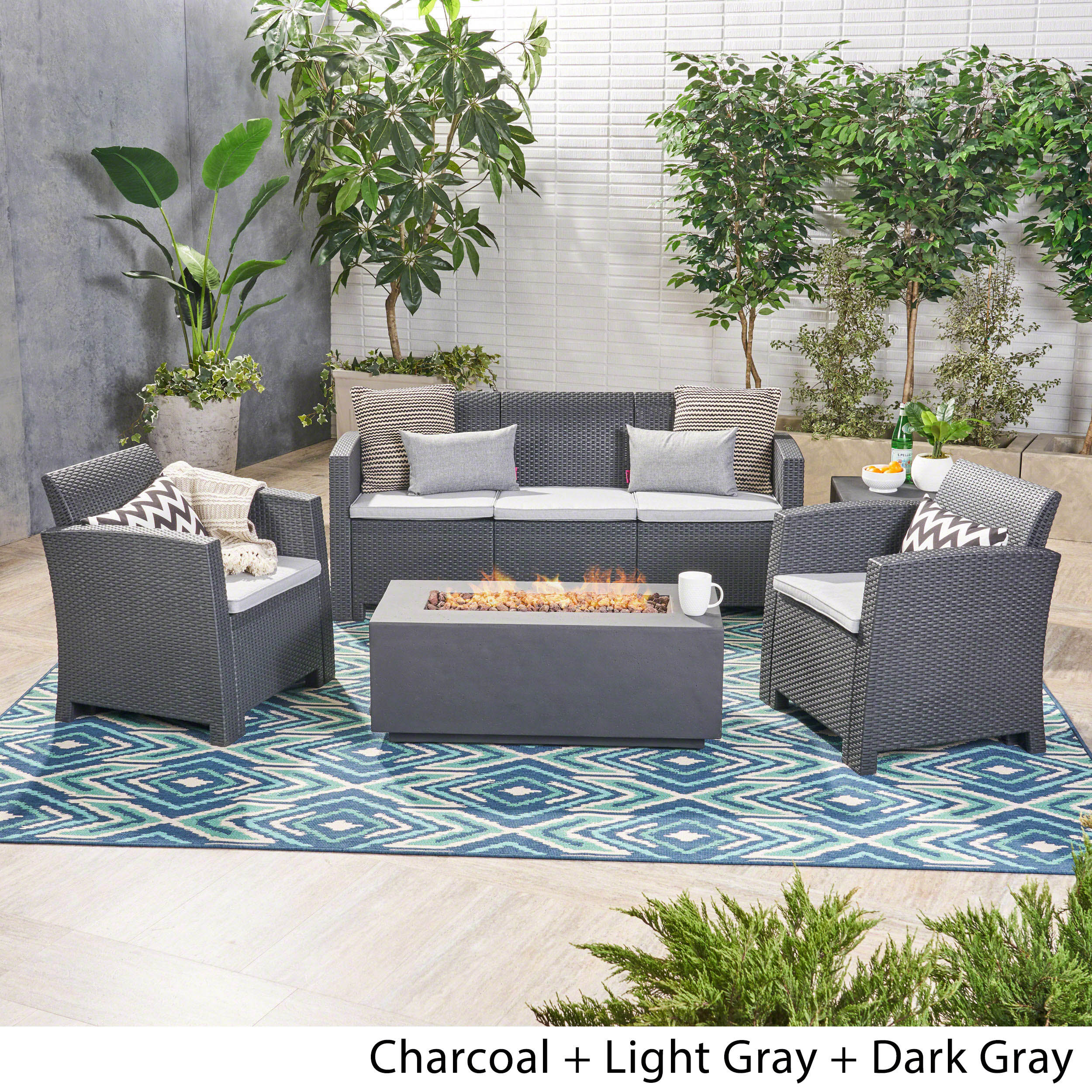 Clay Outdoor 5-Seater Wicker Print Chat Set with Fire Pit and Tank Holder - furnishings