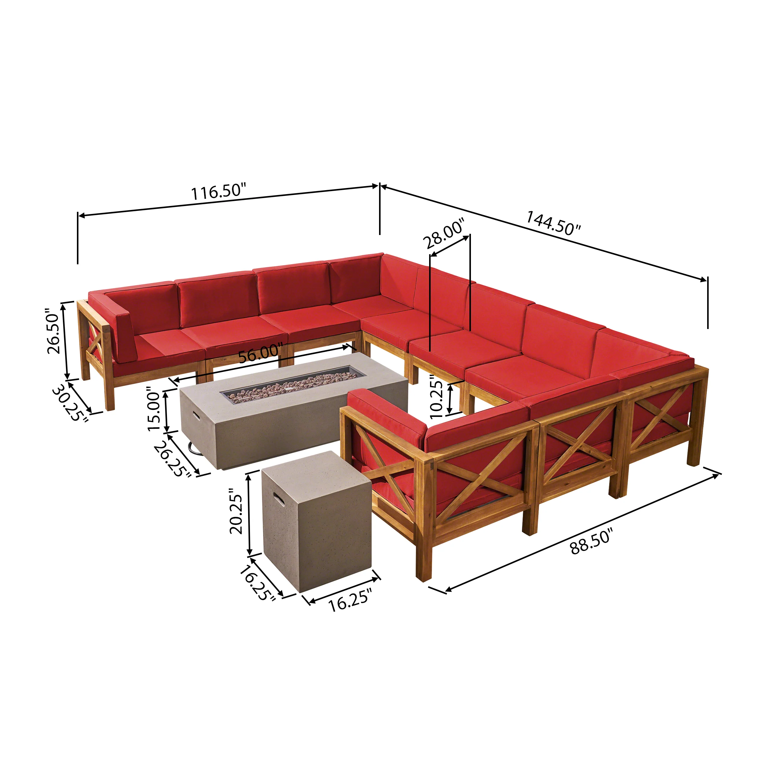 Cynthia Outdoor Acacia Wood 10 Pieces U-Shaped Sectional Sofa Set with Fire Pit - furnishings