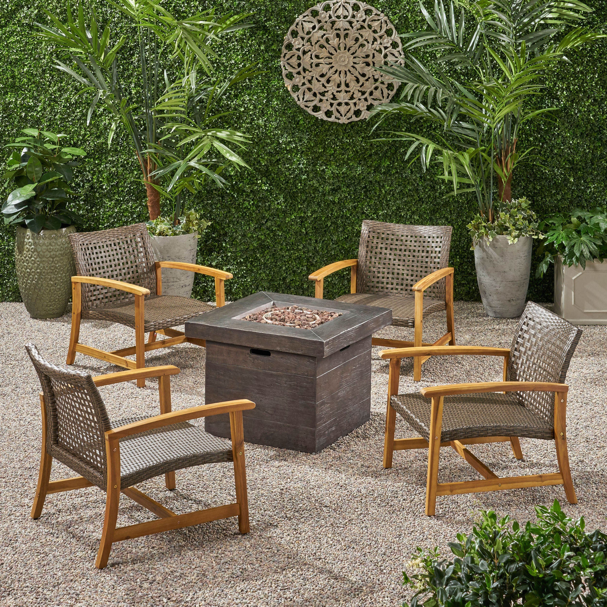 Eleanor Outdoor 5 Piece Wood and Wicker Club Chairs and Fire Pit Set - furnishings