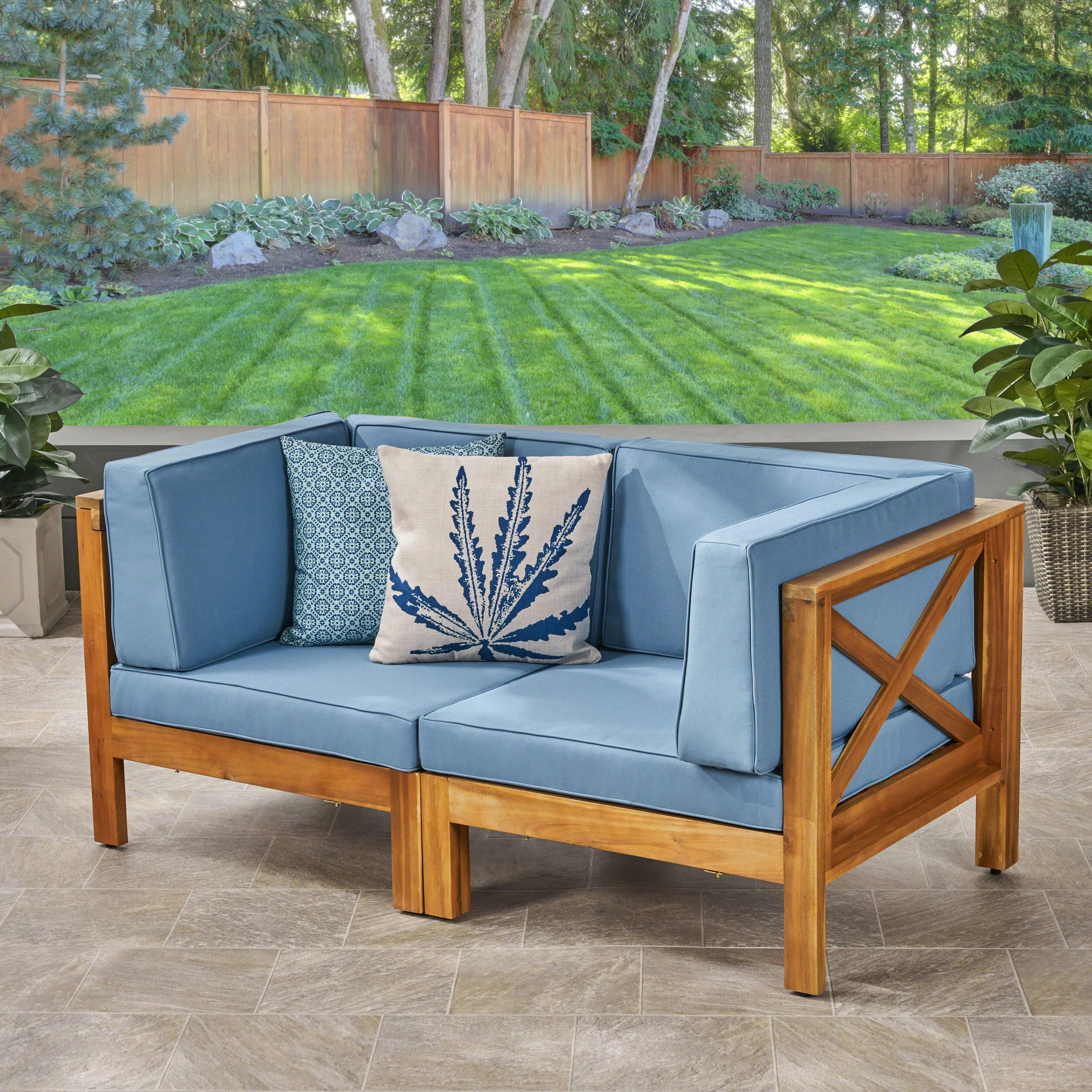 Brava Outdoor Modular Acacia Wood Loveseat with Cushions - furnishings