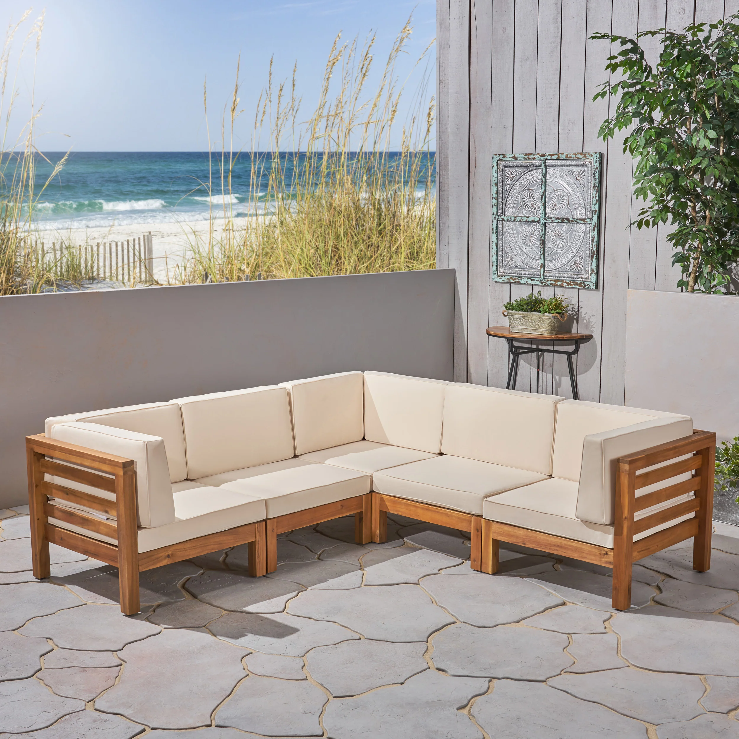 Dawson Outdoor V-Shaped Sectional Sofa Set - 5-Seater - Acacia Wood - Outdoor Cushions - furnishings