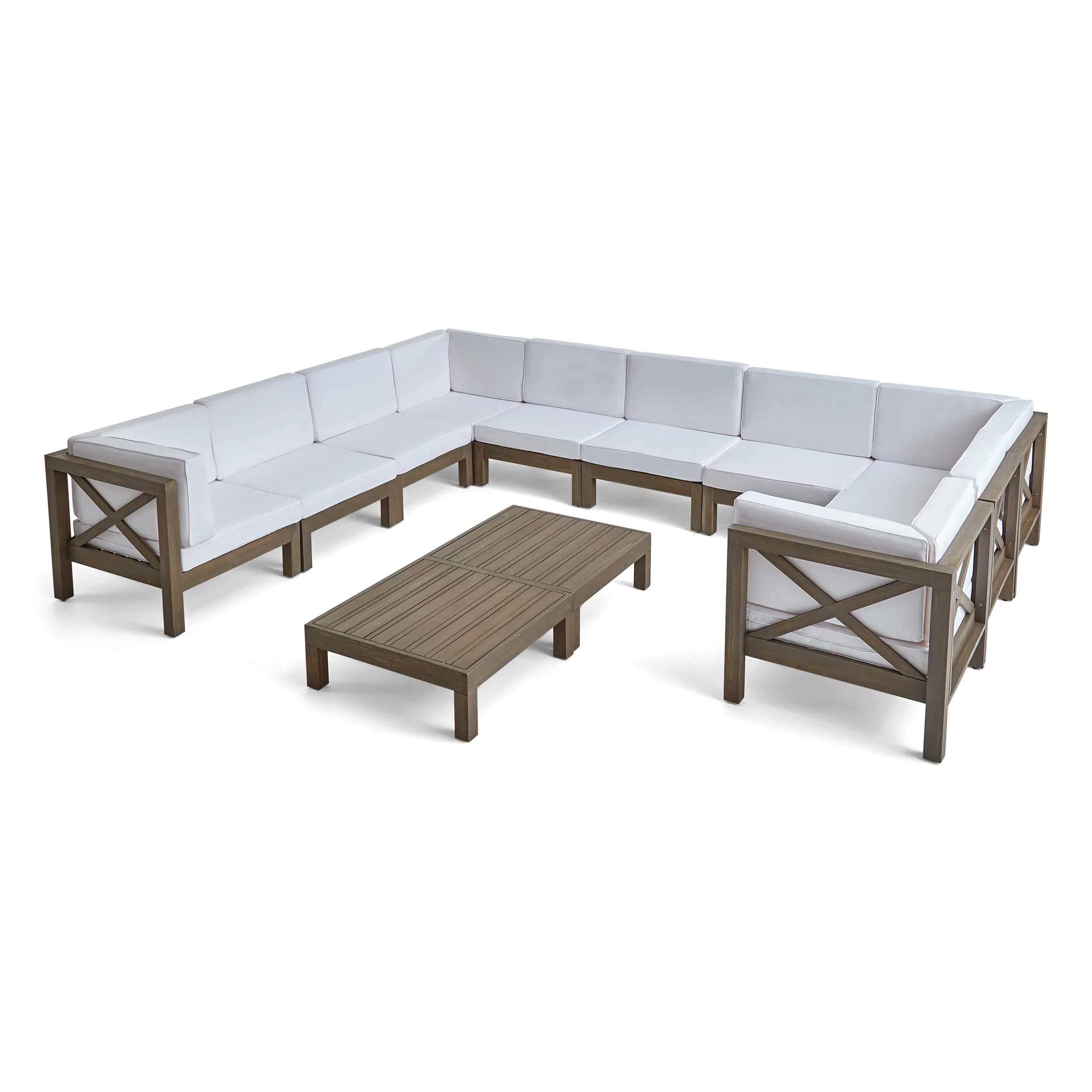 Cynthia Outdoor Acacia Wood 10 Seater U-Shaped Sectional Sofa Set with Two Coffee Tables - furnishings