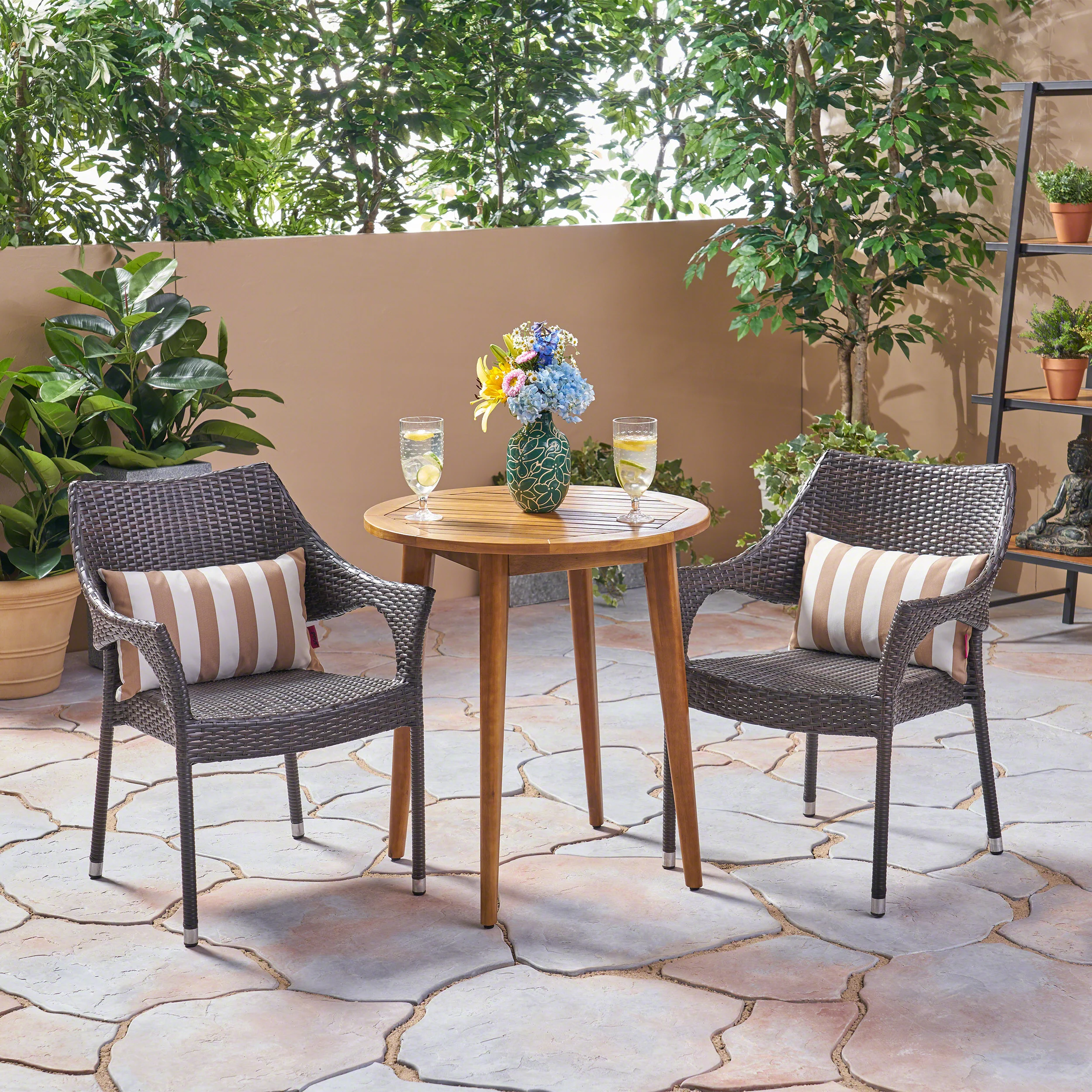 Richter Outdoor 3 Piece Wood  and Wicker Bistro Set - furnishings