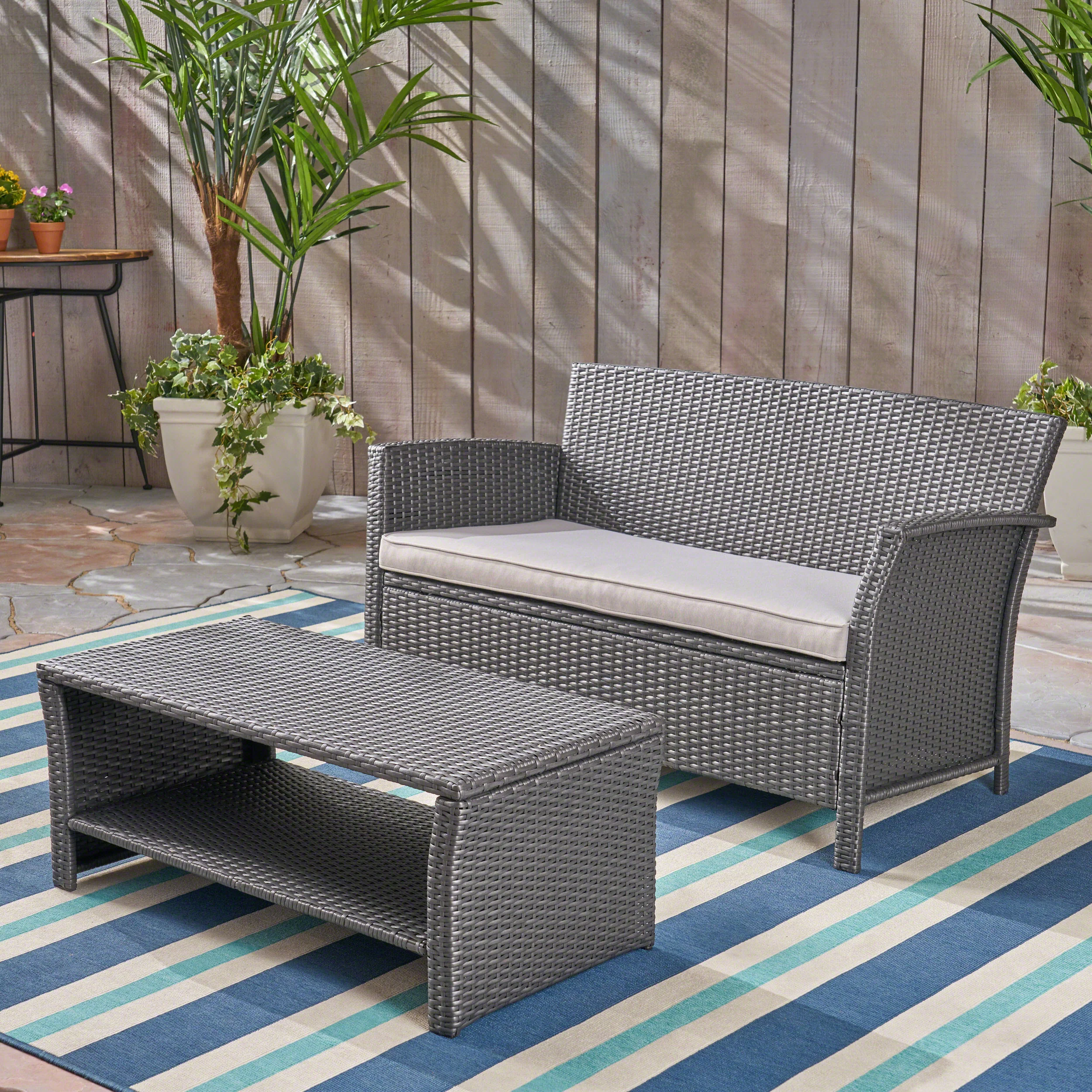 Lucia Outdoor Wicker Loveseat with Coffee Table - furnishings