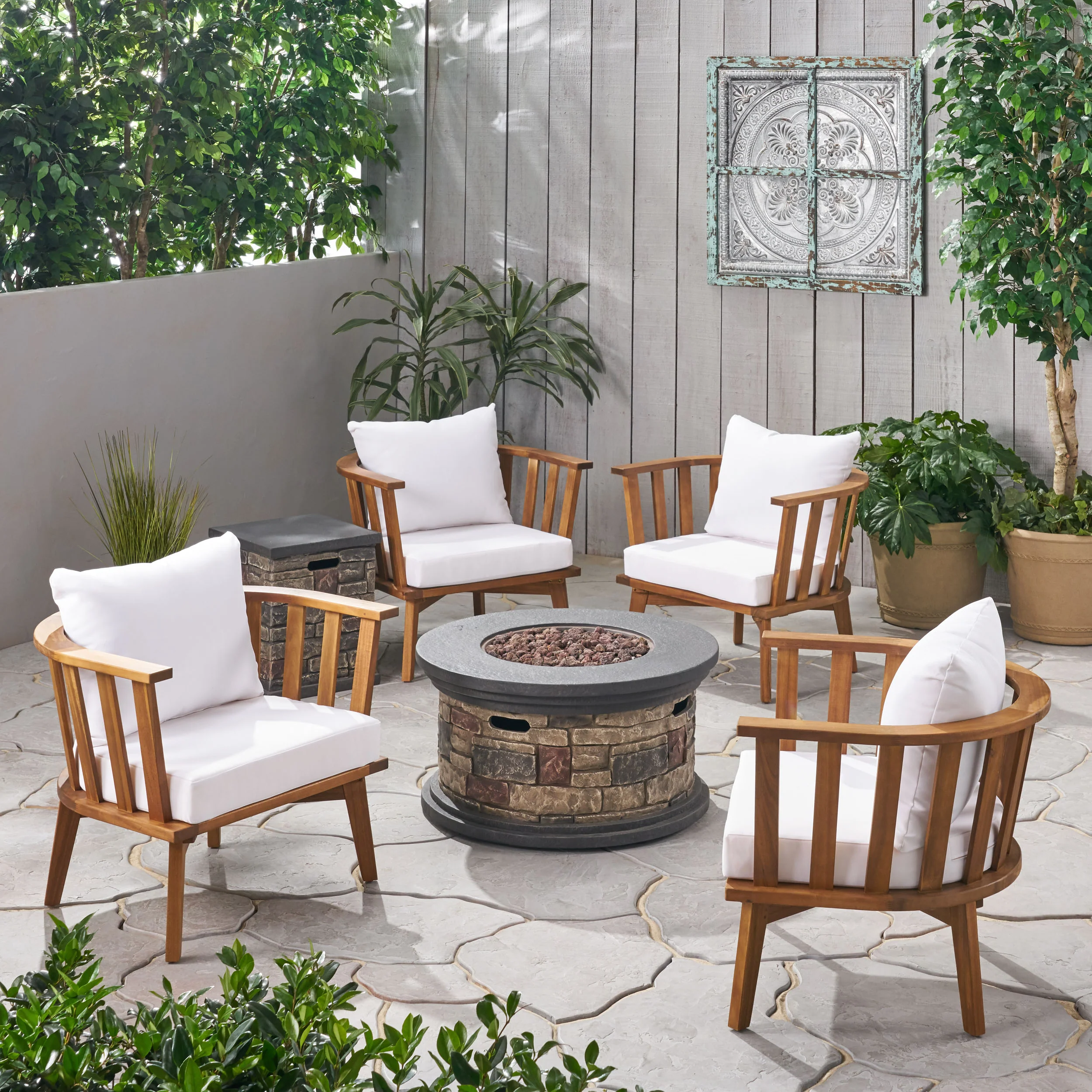 Julianna Outdoor Acacia Wood 4 Seater Club Chairs and Fire Pit Set - furnishings