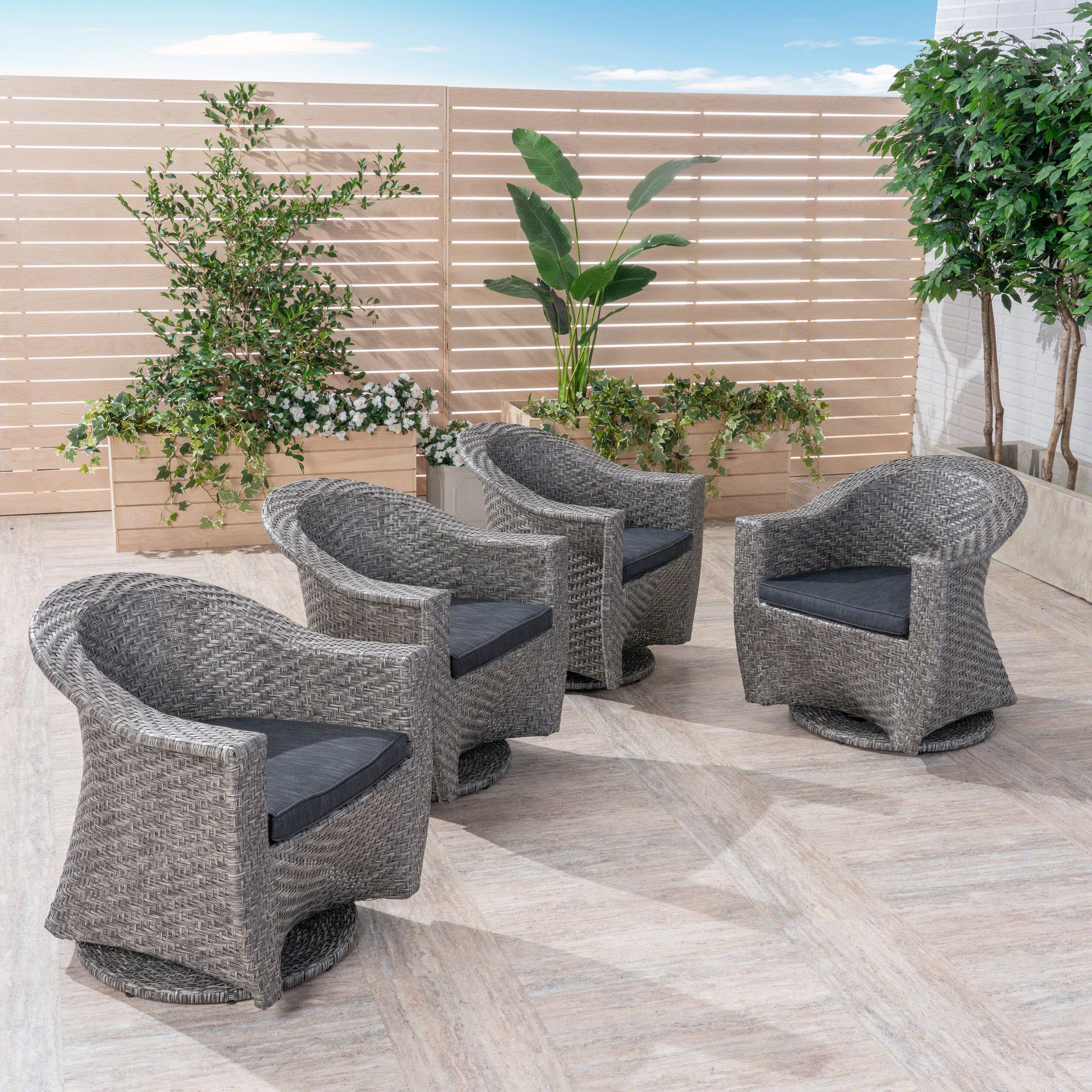 Larchmont Patio Swivel Chairs, Wicker with Outdoor Cushions, Mixed Black and Dark Gray - furnishings