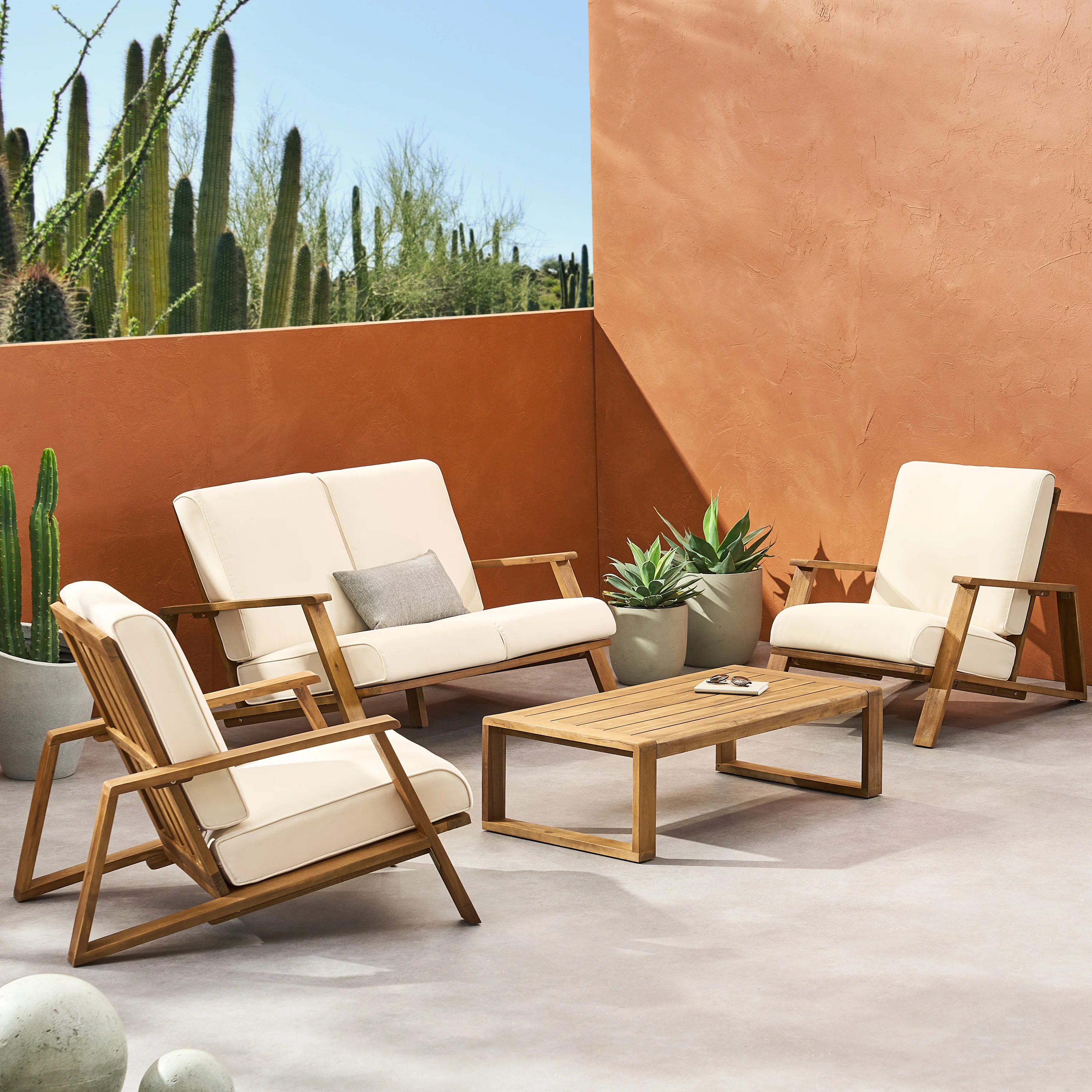 Youssef Outdoor Acacia Wood 4 Seater Chat Set with Cushions - furnishings