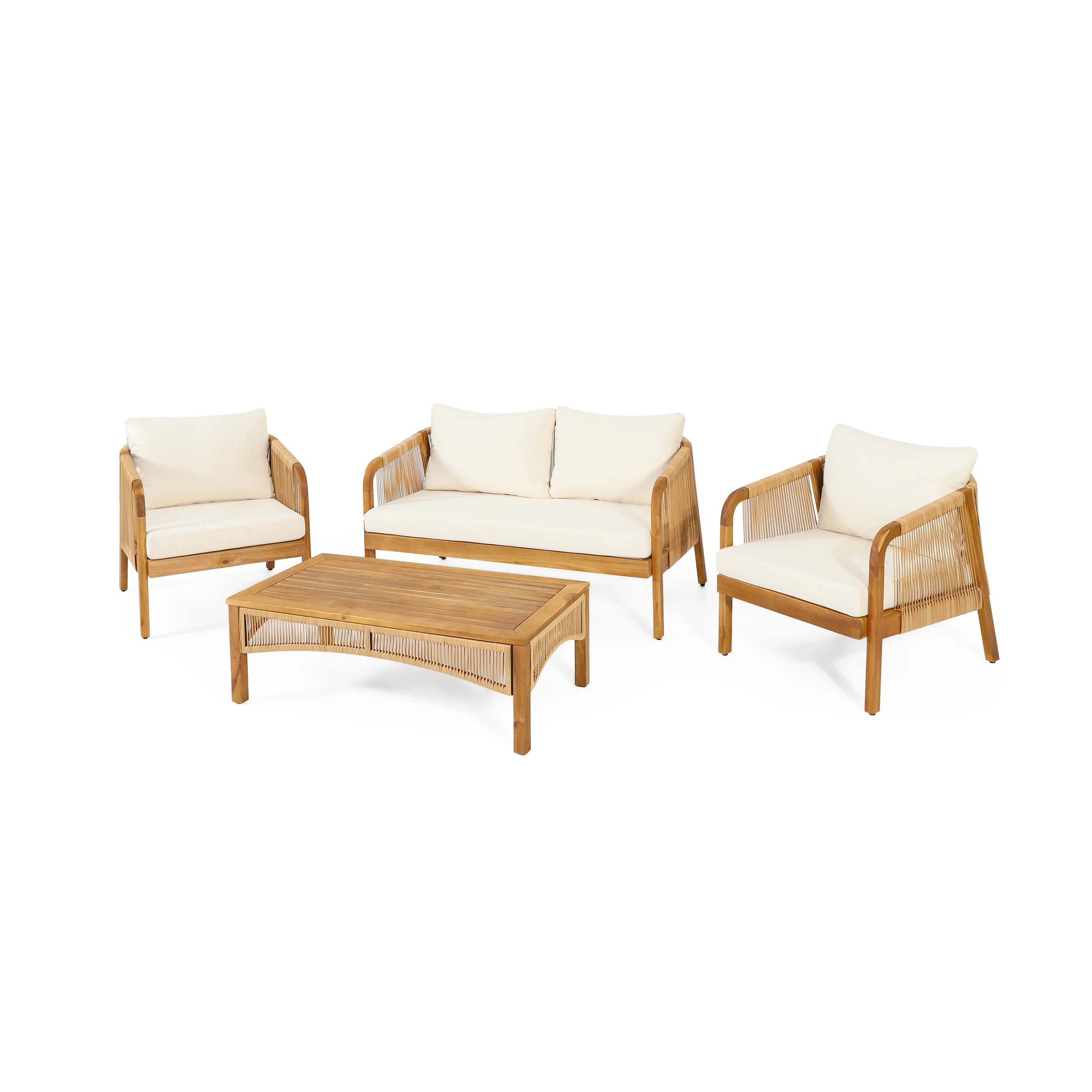 Allerton Outdoor Acacia Wood and Wicker 4 Seater Chat Set with Cushions, Teak, Light Brown, and Beige - furnishings