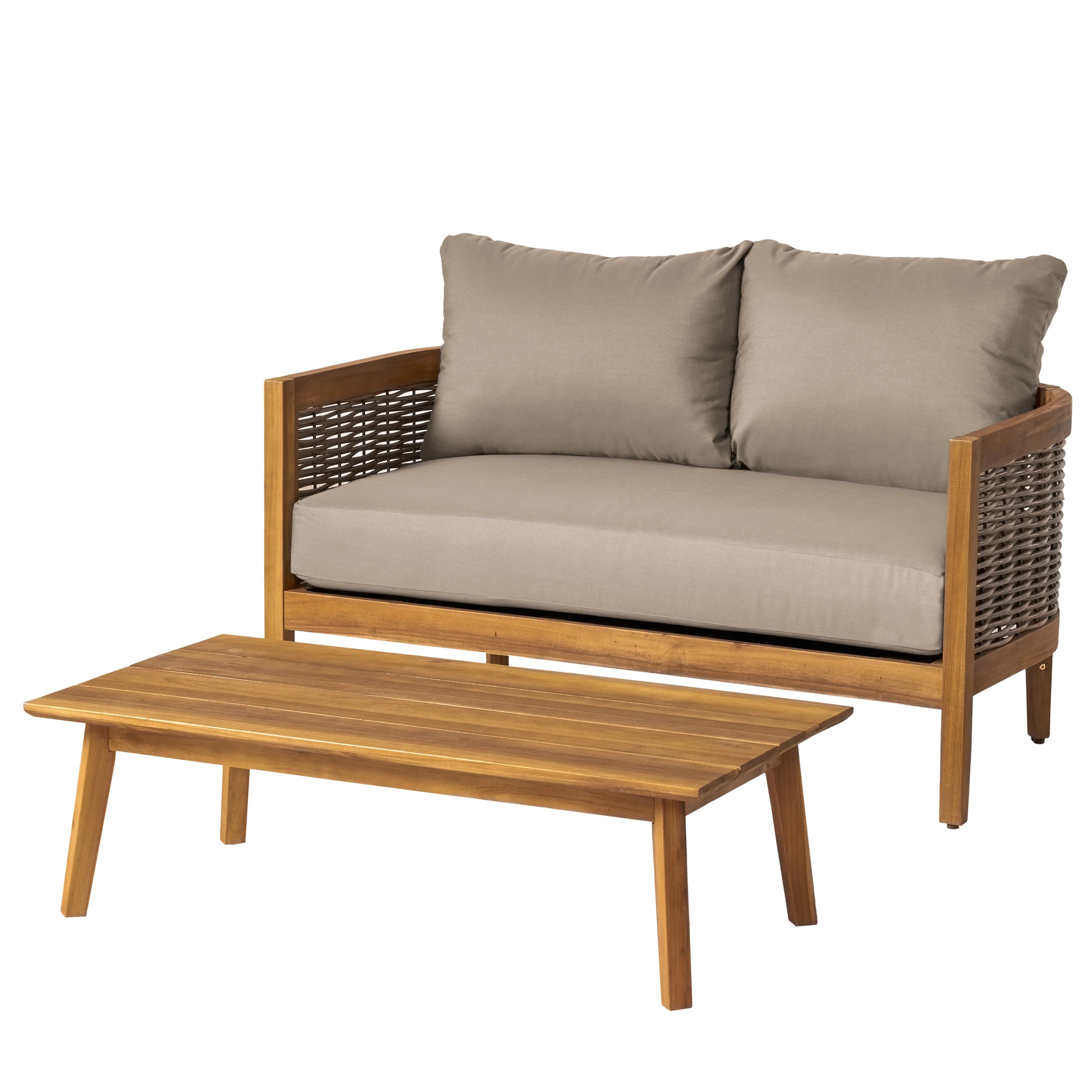 The Crowne Collection Outdoor Acacia Wood and Wicker Loveseat and Coffee Table Set with Sunbrella Cushions - furnishings