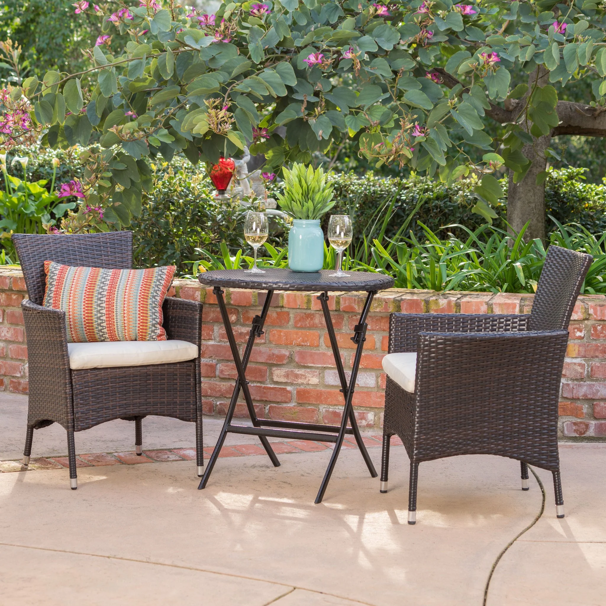 Dorchester Outdoor 3 Pc brown Wicker Bistro Set w/Beige Water Resistant Cushion - furnishings