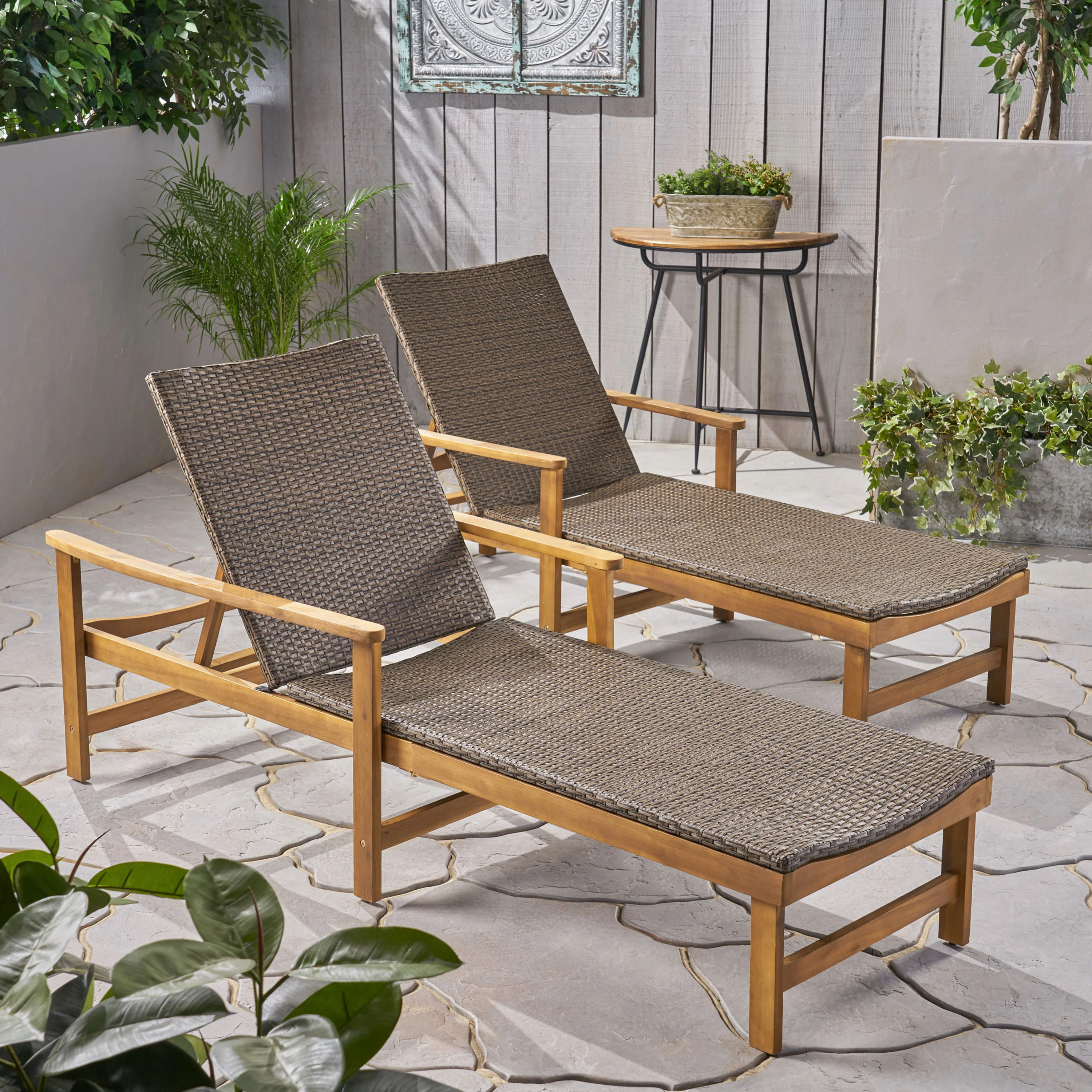 Kyle Outdoor Rustic Acacia Wood Chaise Lounge with Wicker Seating - furnishings