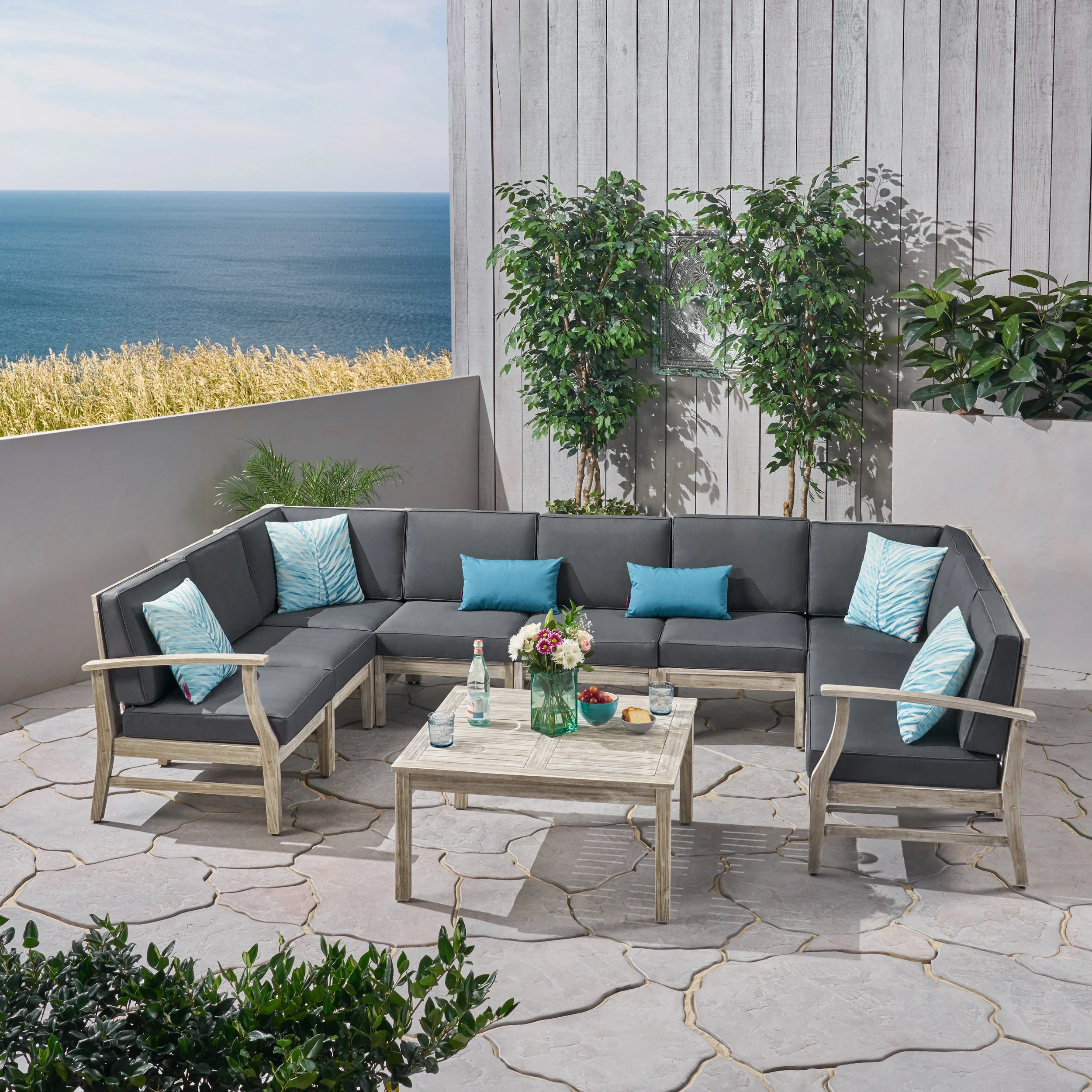 Judith Outdoor 10 Piece Acacia Wood Sofa Sectional Set - furnishings