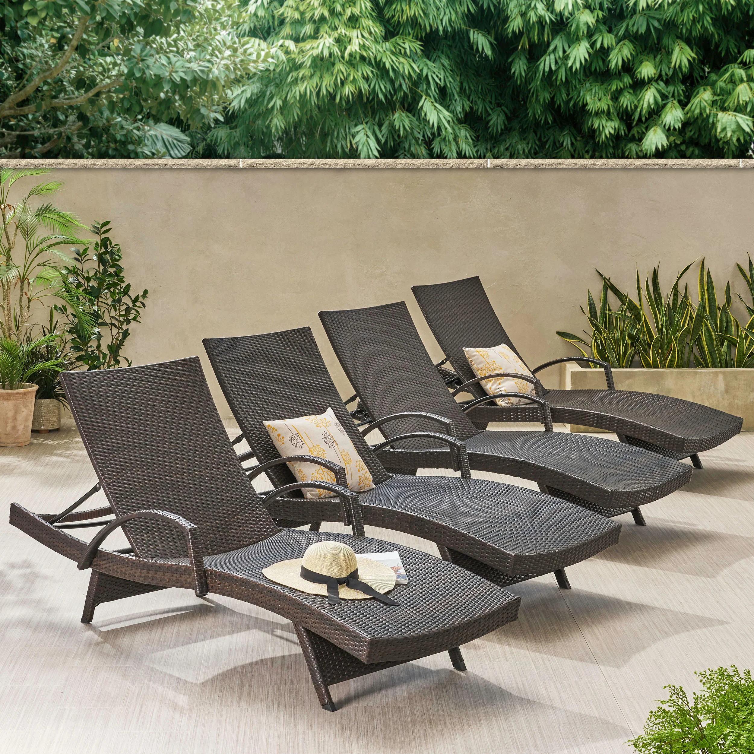 Lakeport Brown Wicker Curved Outdoor Chaise Lounge Chair w/ Arms - furnishings