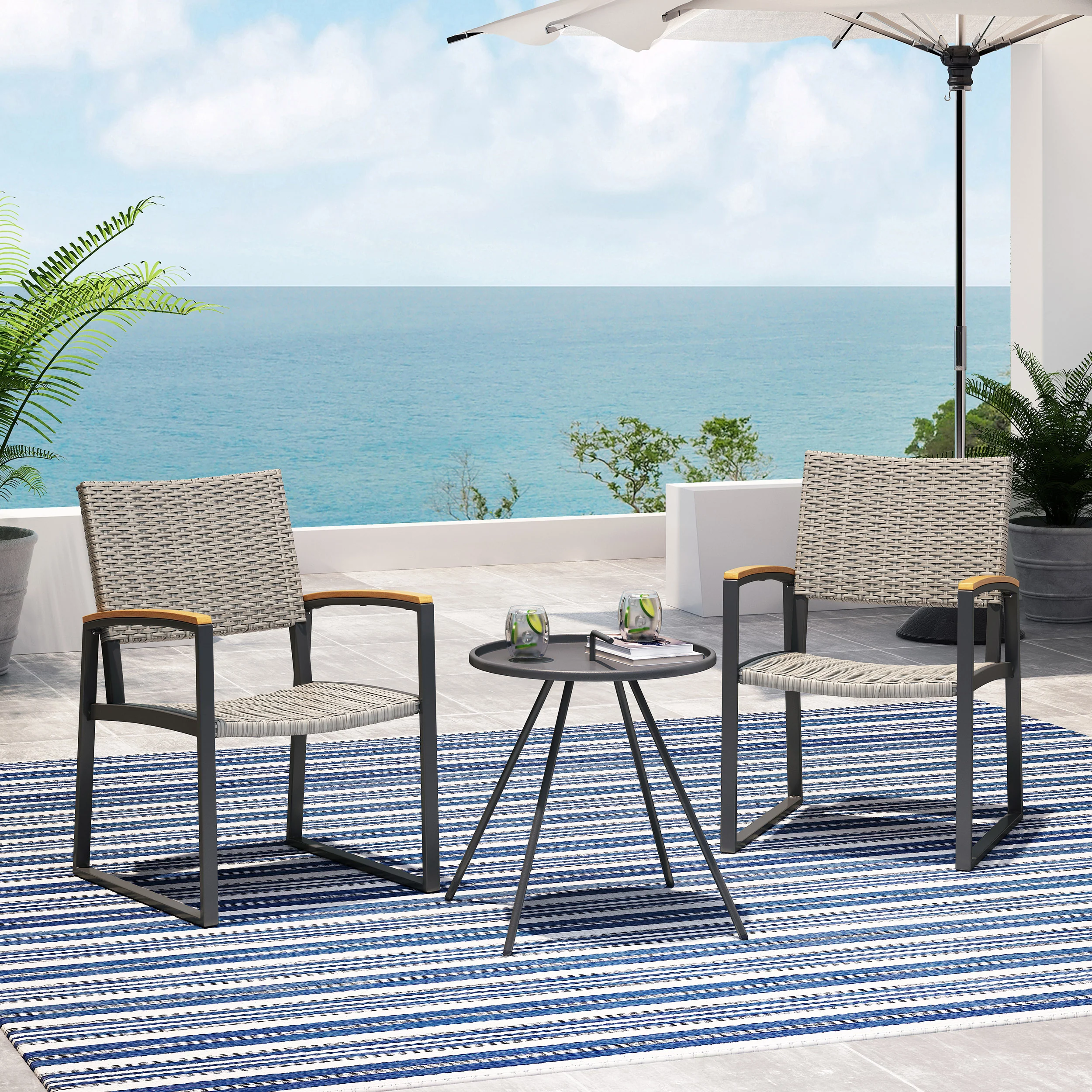 Eunice Outdoor 2 Seater Aluminum and Wicker Chat Set - furnishings