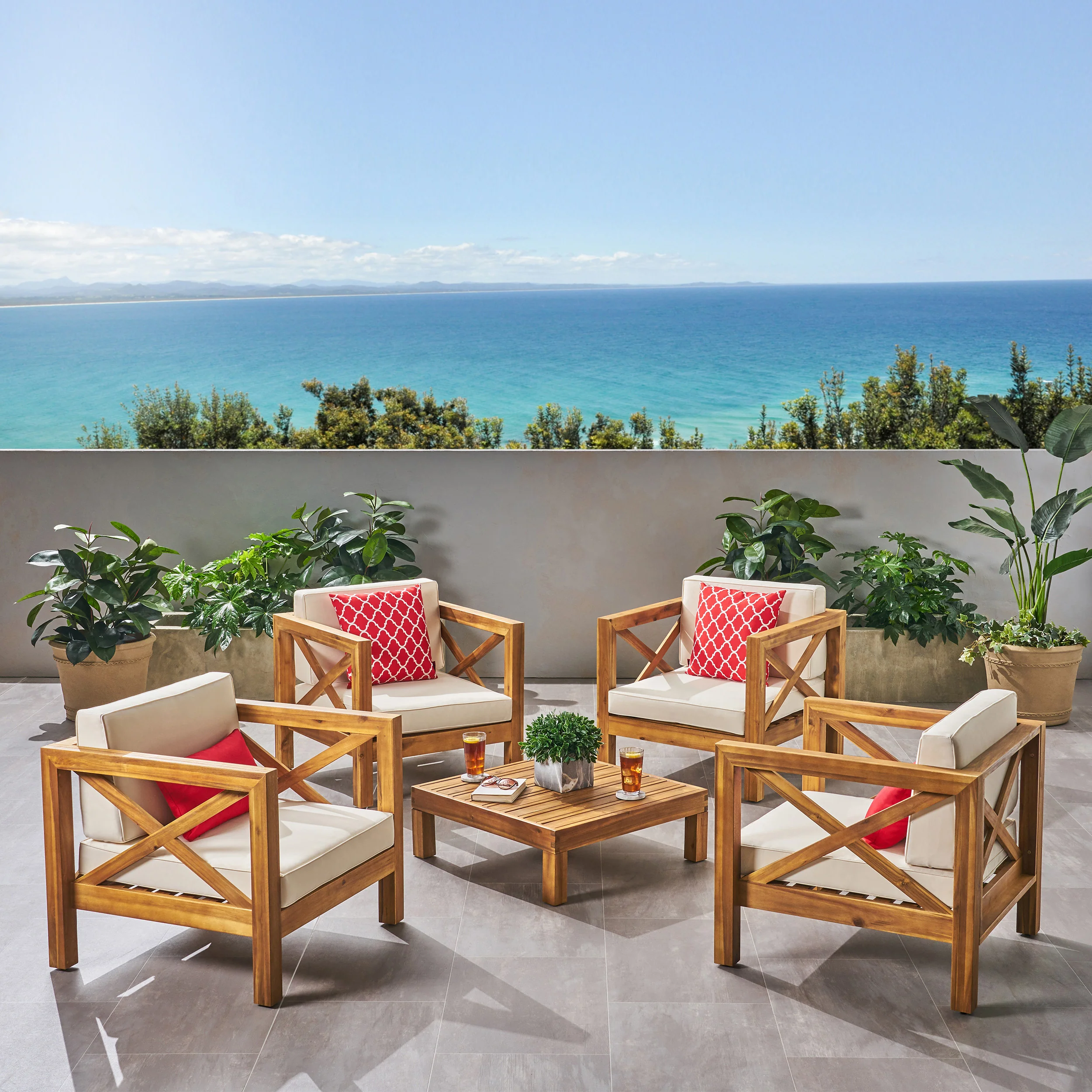Morgan Outdoor 4 Seater Acacia Wood Club Chair and Coffee Table Set - furnishings