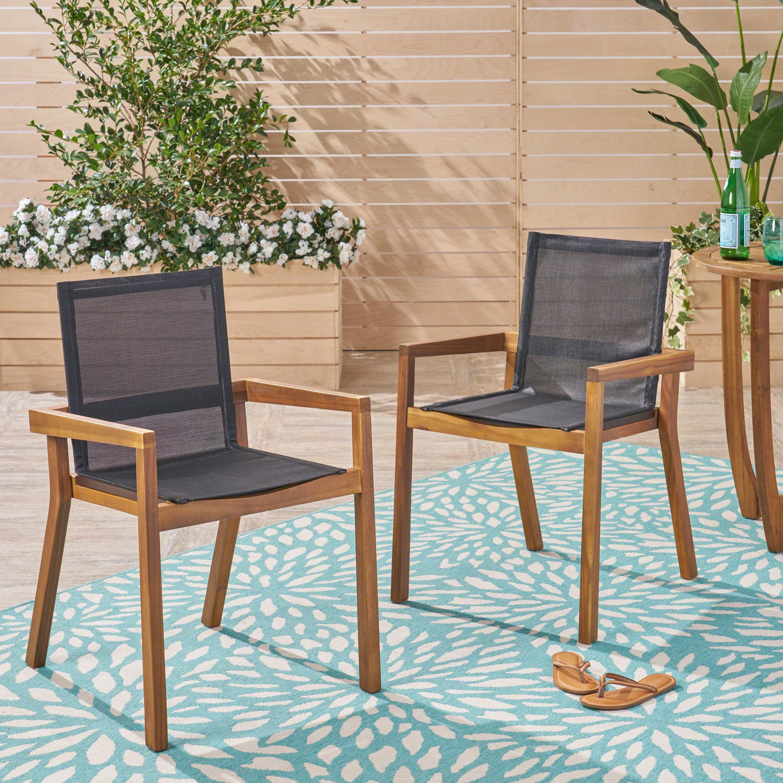 Jimmy Outdoor Acacia Wood and Mesh Dining Chairs (Set of 2) - furnishings