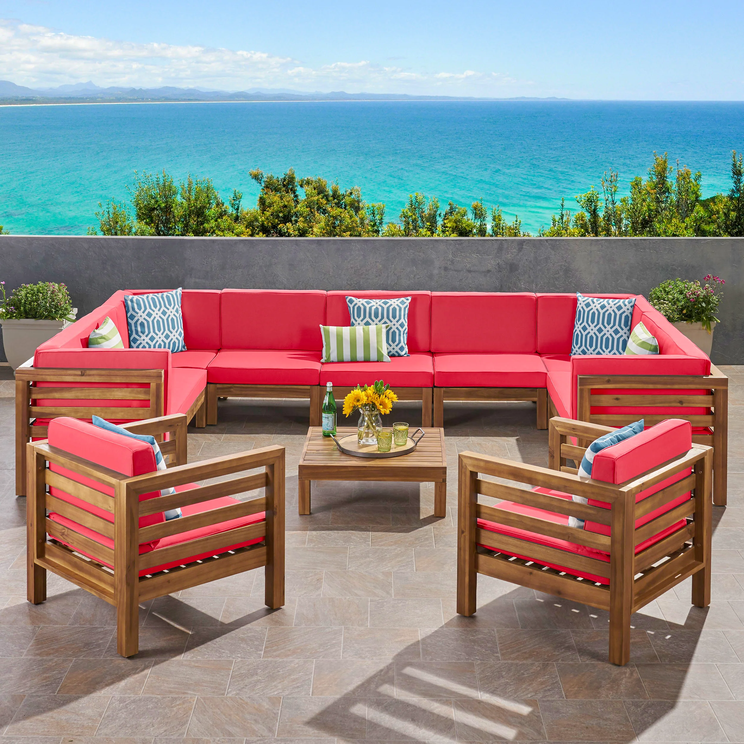 Emma Outdoor 11 Seater Acacia Wood Sectional Sofa and Club Chair Set - furnishings
