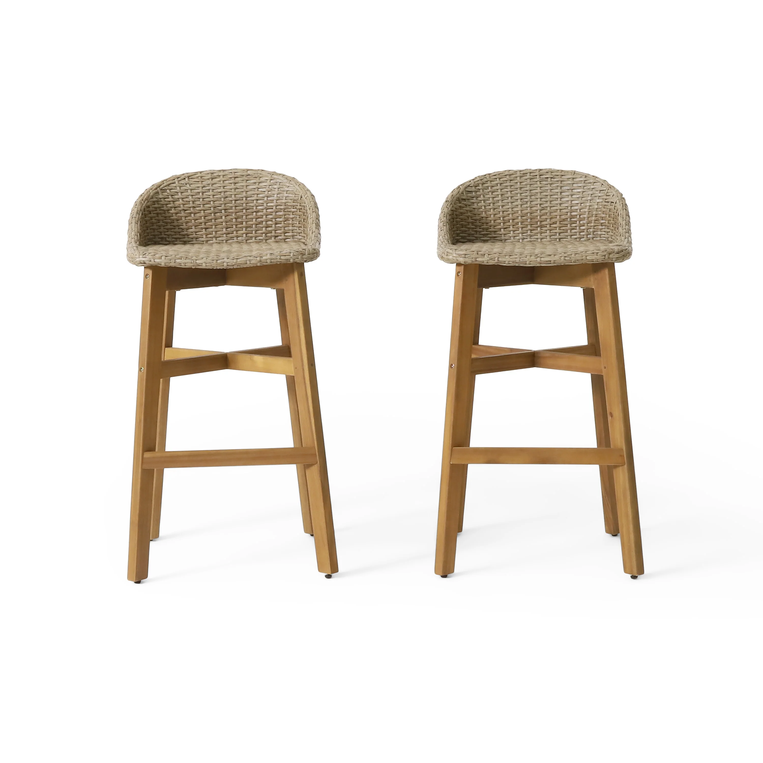 Beeson Outdoor Wicker and Acacia Wood 30 Inch Barstools, Set of 2, Light Multibrown and Teak - furnishings
