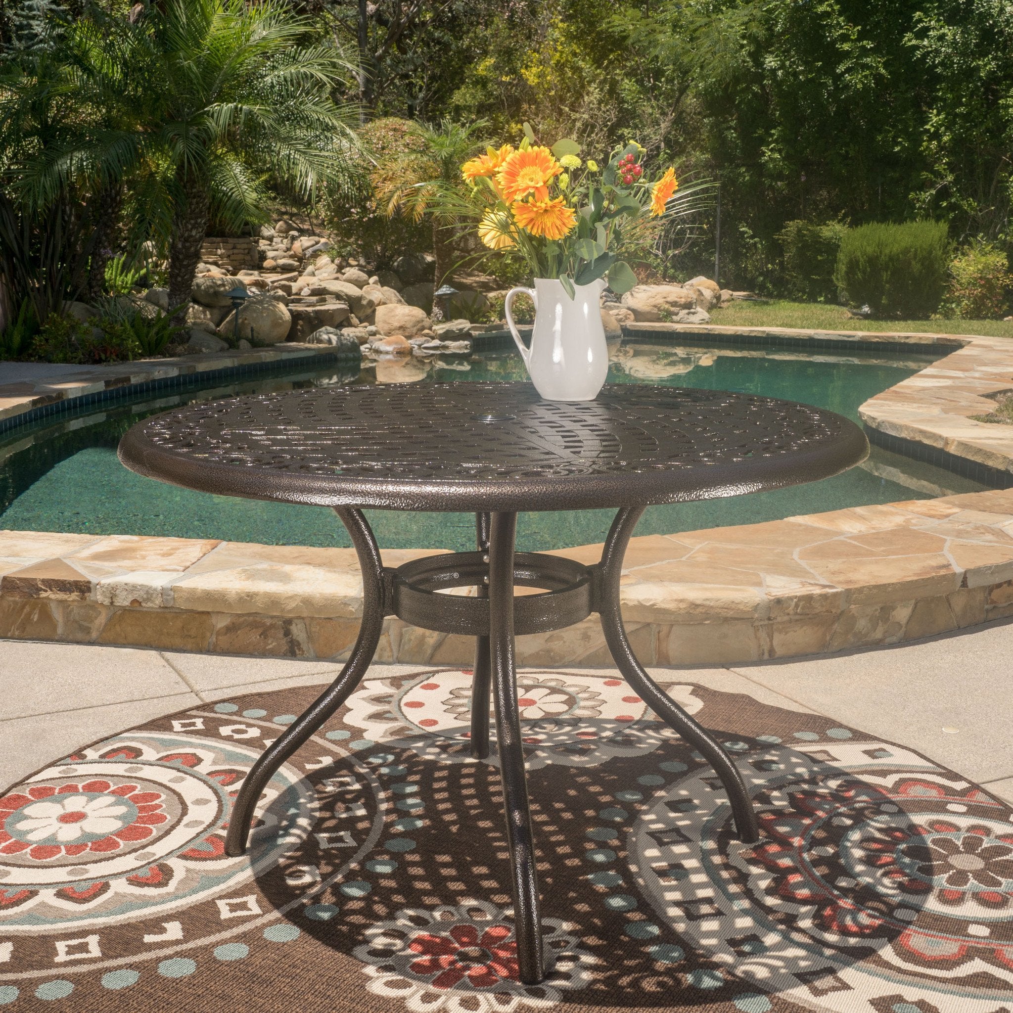 Kiawah Outdoor Circular Bronze Cast Aluminum Dining Table with Umbrella Hole - furnishings