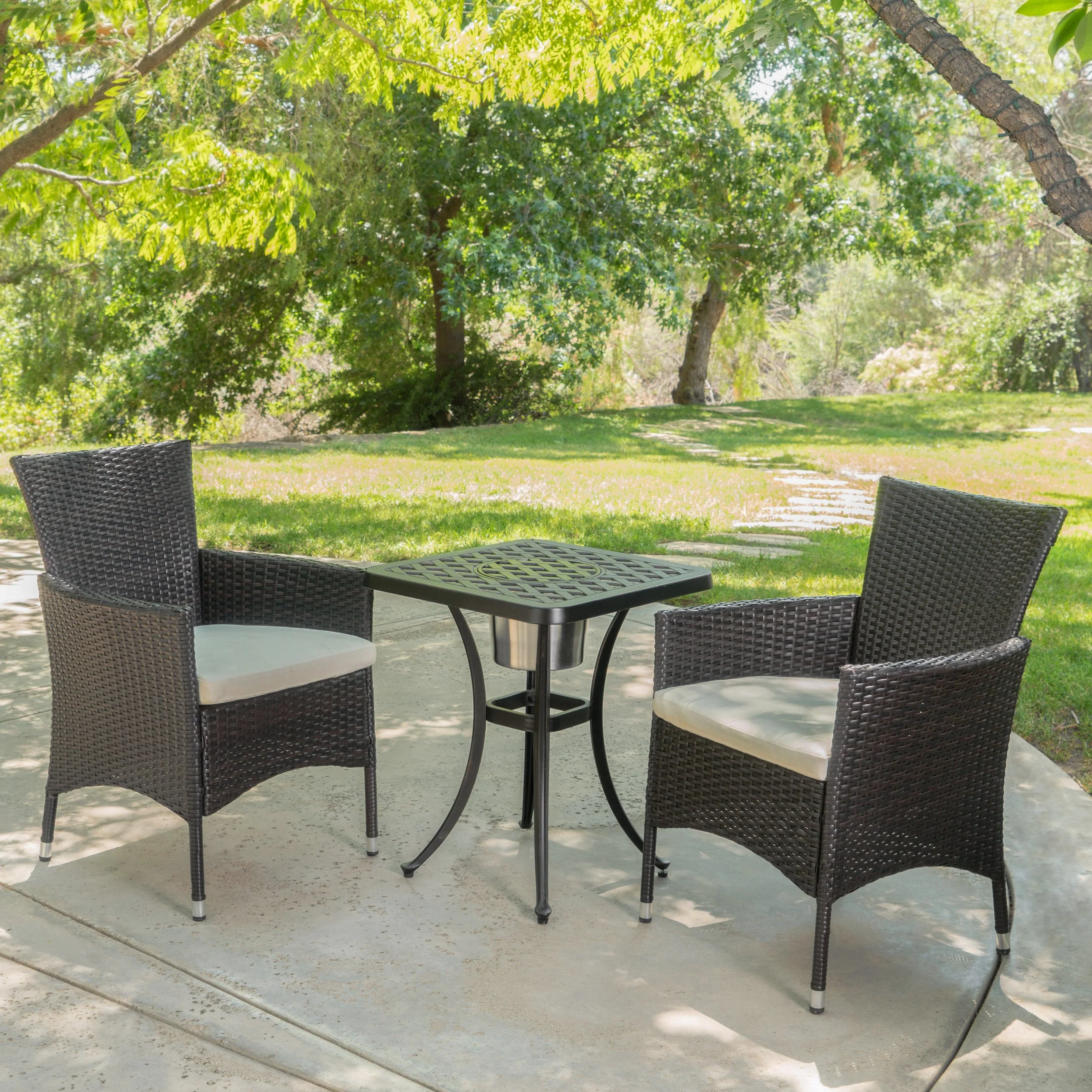 Ariel Outdoor 3Pc Wicker Bistro Set w/ Water Resistant Cushions - furnishings