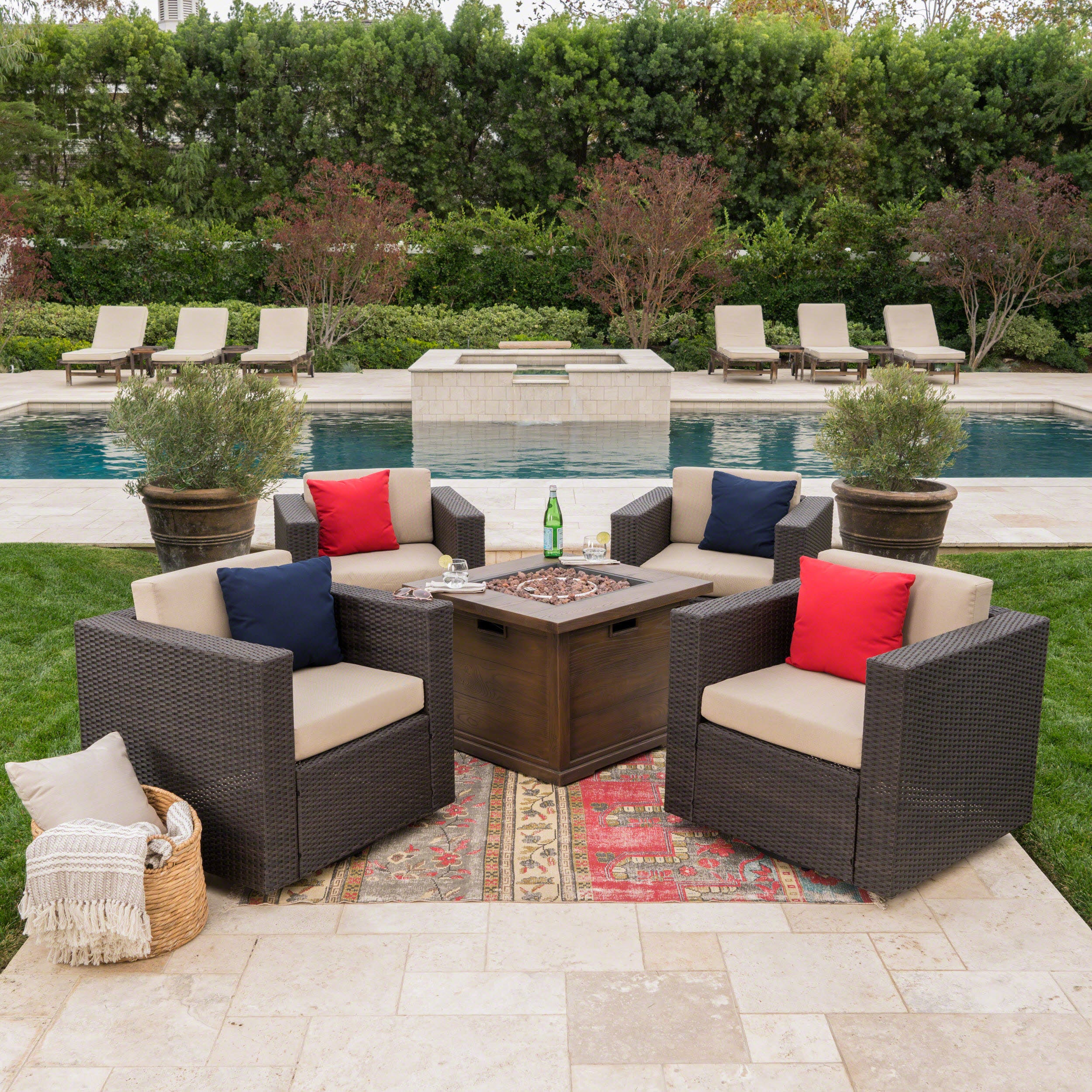 Hamilton Outdoor 5 Piece Wicker Swivel Club Chairs with Brown Gas Fire Pit - furnishings