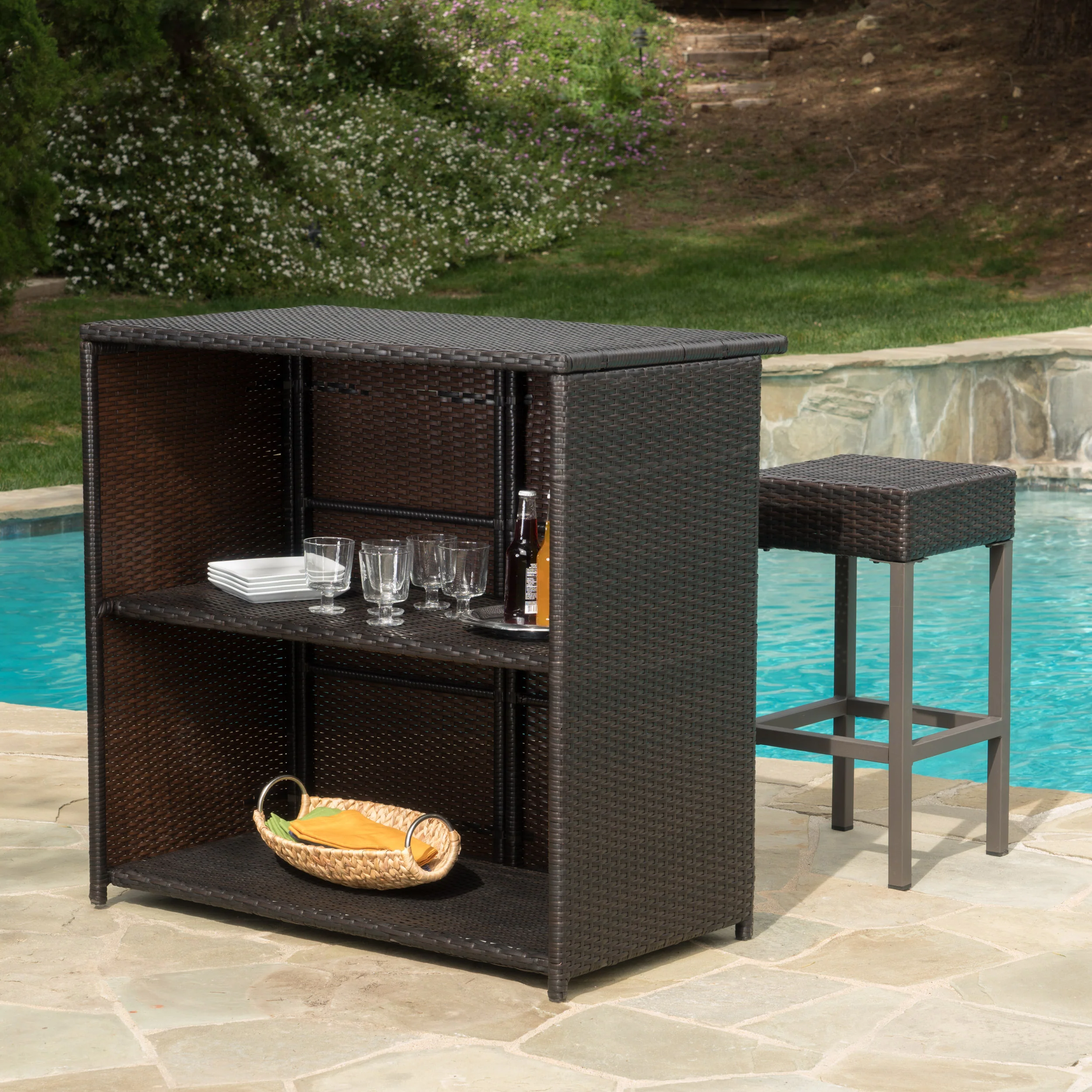 Oneida Outdoor Multibrown Wicker Bar Island Set - furnishings