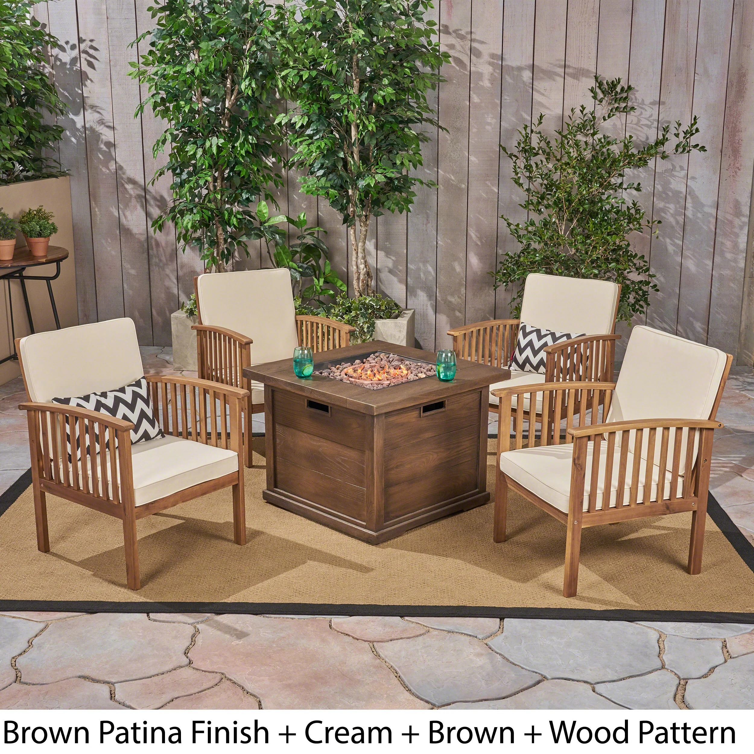 Cape Outdoor 4-Seater Acacia Wood Club Chairs with Firepit - furnishings