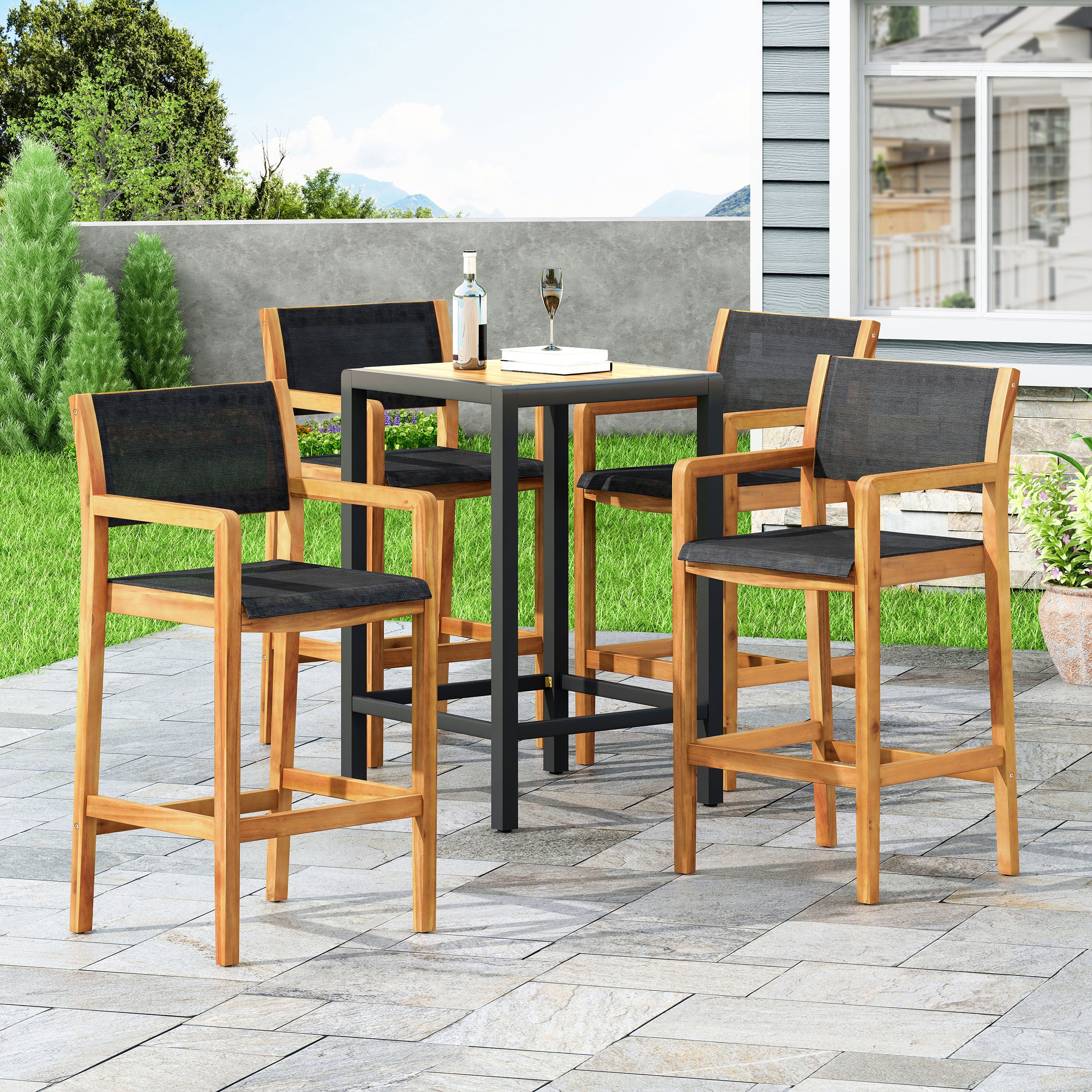 Daiquan Outdoor Acacia Wood Barstools with Outdoor Mesh (Set of 4) - furnishings