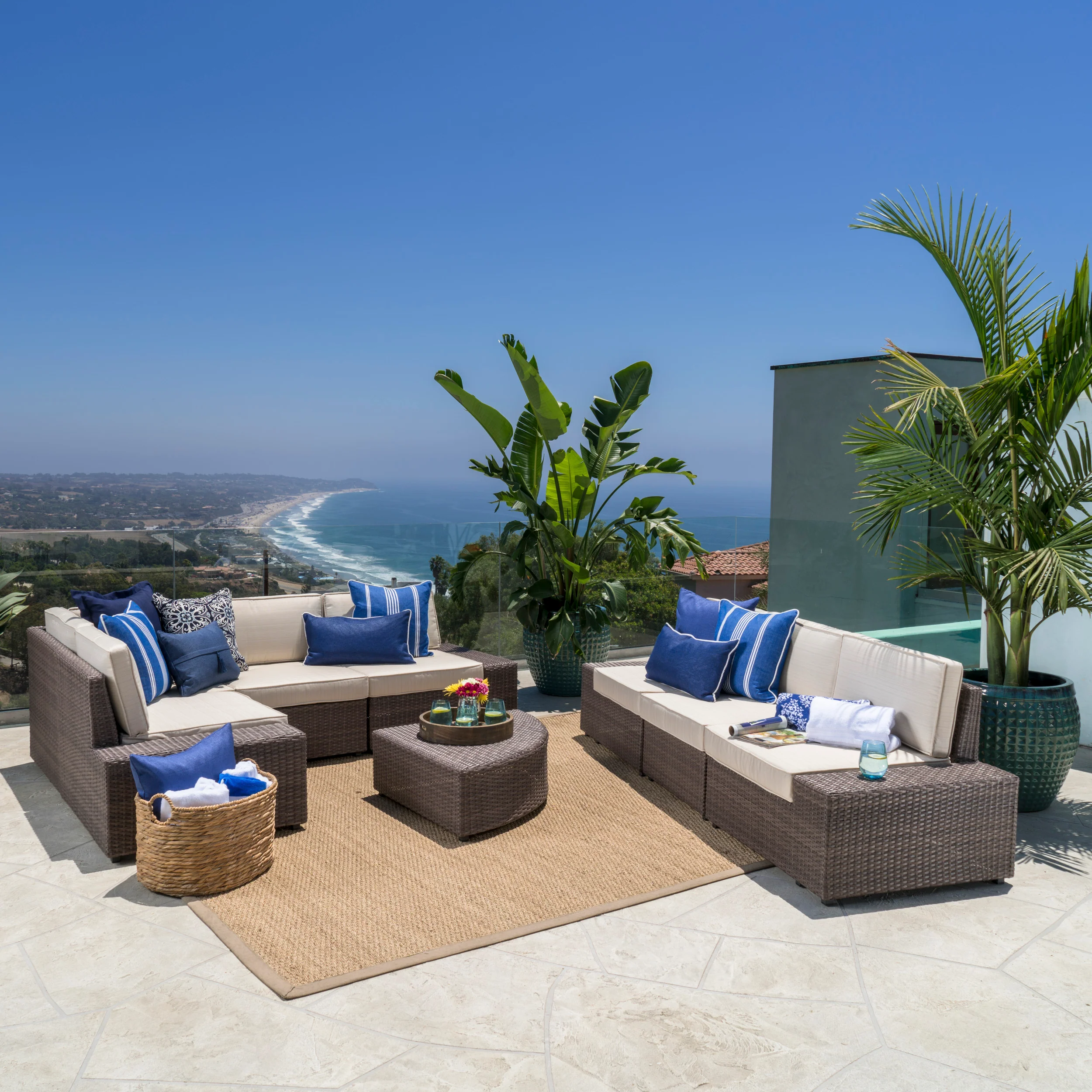 Reddington Outdoor 8 Piece Wicker Sofa Set with Water Resistant Cushions - furnishings