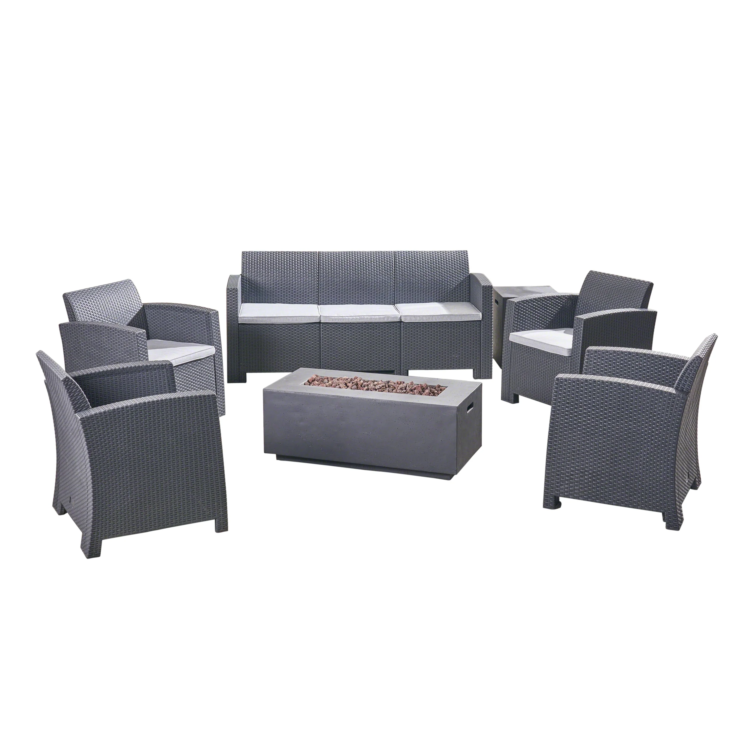 Clay Outdoor 7-Seater Wicker Print Chat Set with Fire Pit and Tank Holder - furnishings
