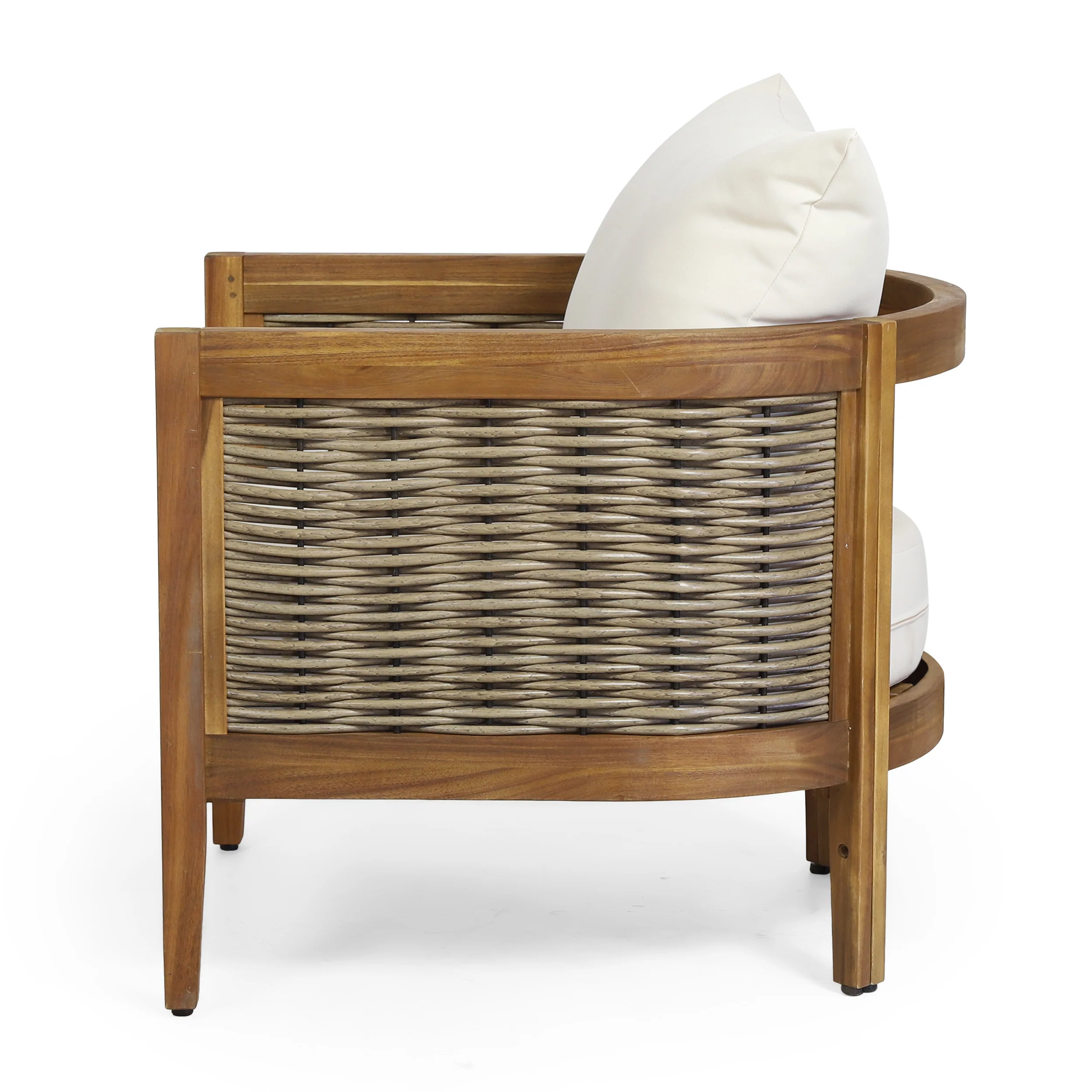 The Crowne Collection Outdoor Acacia Wood and Wicker Club Chair with Cushions, Teak, Mixed Brown, and Beige - furnishings