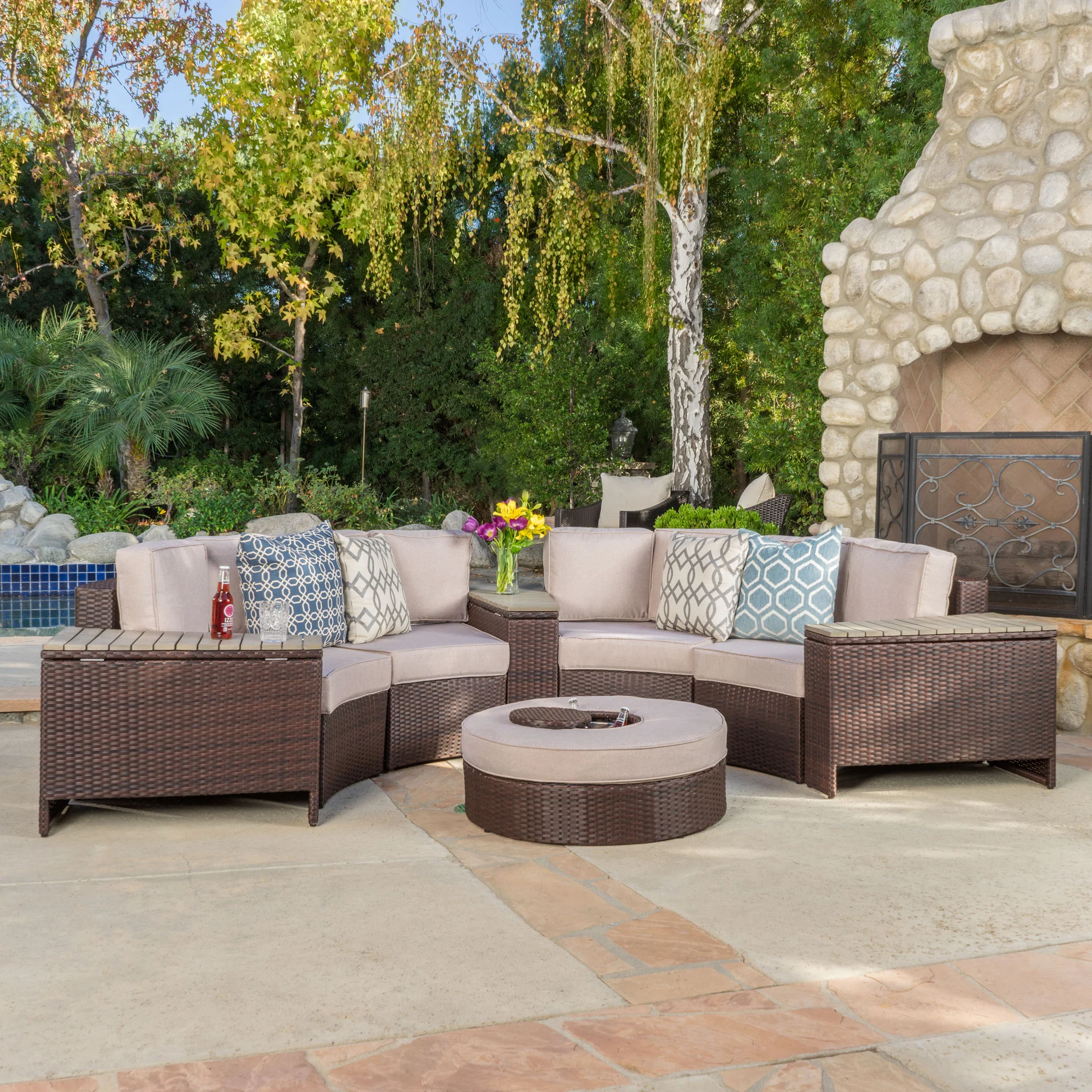 Riviera 8pc Outdoor Sectional Sofa Set w/ Storage Trunks & Ice Bucket - furnishings