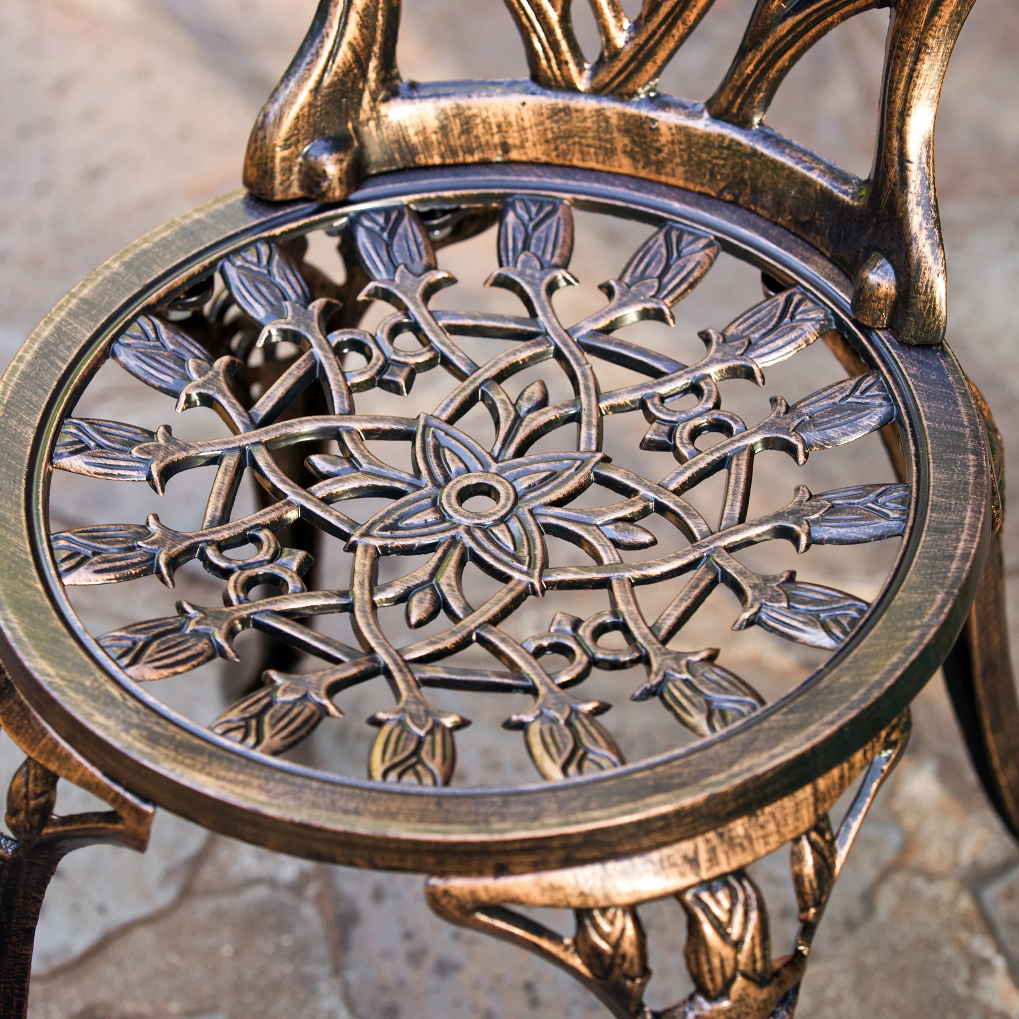 New Outdoor Vintage Style Cast Aluminum Bistro Set with Tulips - furnishings