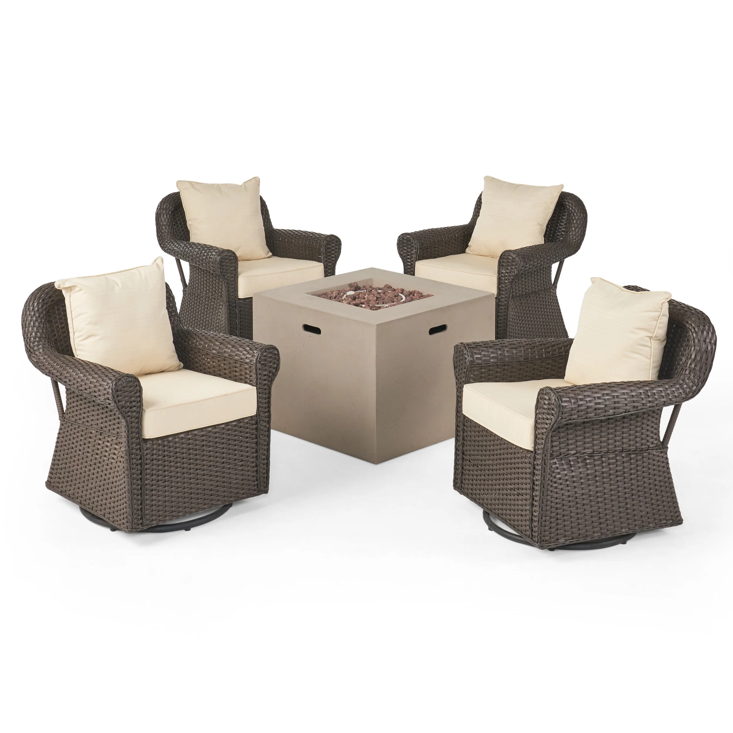 Lustar Outdoor 4 Piece Swivel Club Chair Set with Square Fire Pit - furnishings