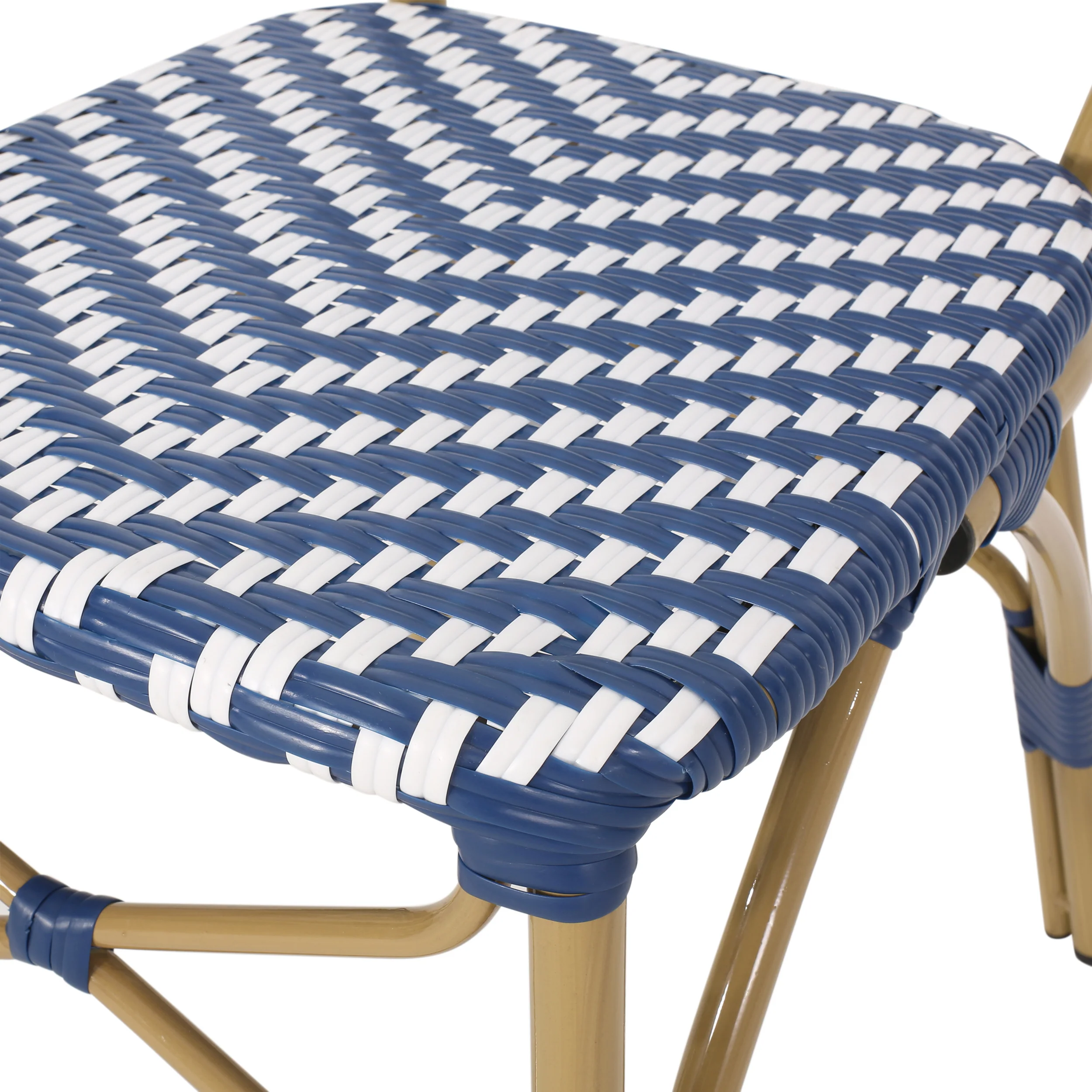 Deshler Outdoor Aluminum French Bistro Chairs, Set of 2, Navy Blue, White, and Bamboo Finish - furnishings