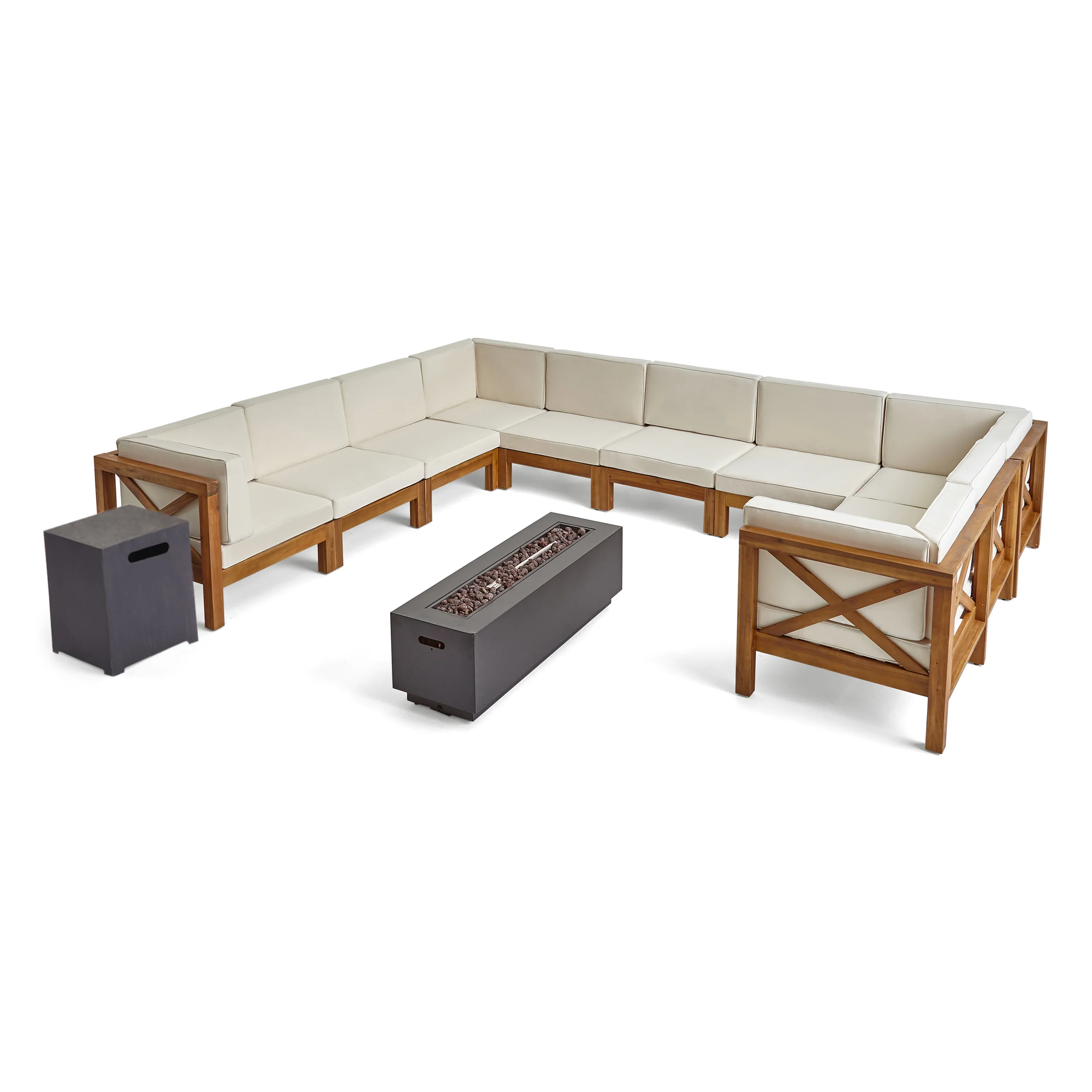 Lorelei Outdoor Acacia Wood 10 Seater U-Shaped Sectional Sofa Set with Fire Pit - furnishings