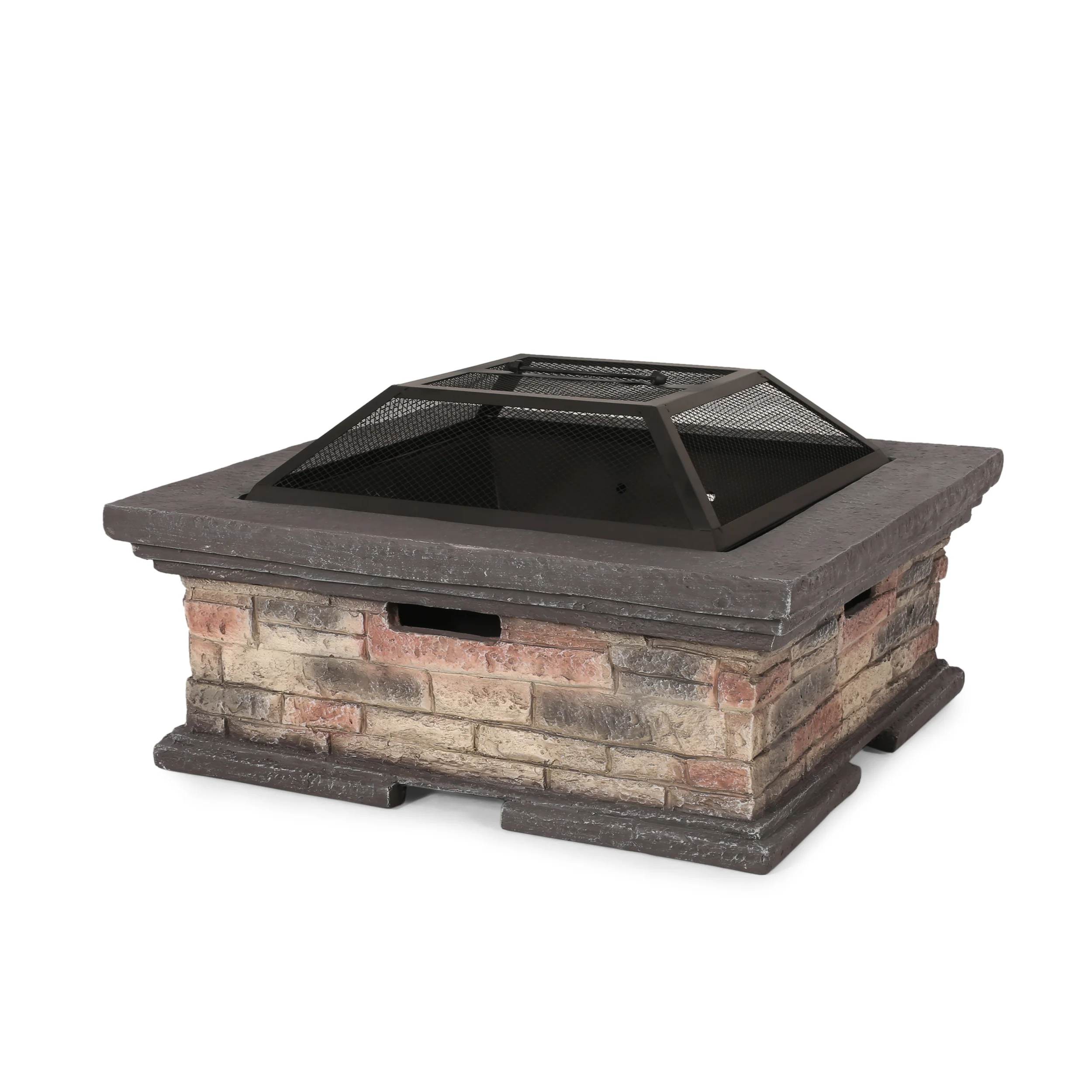 Neosho Outdoor Lightweight Concrete Wood Burning Square Fire Pit, Stone Finish - furnishings