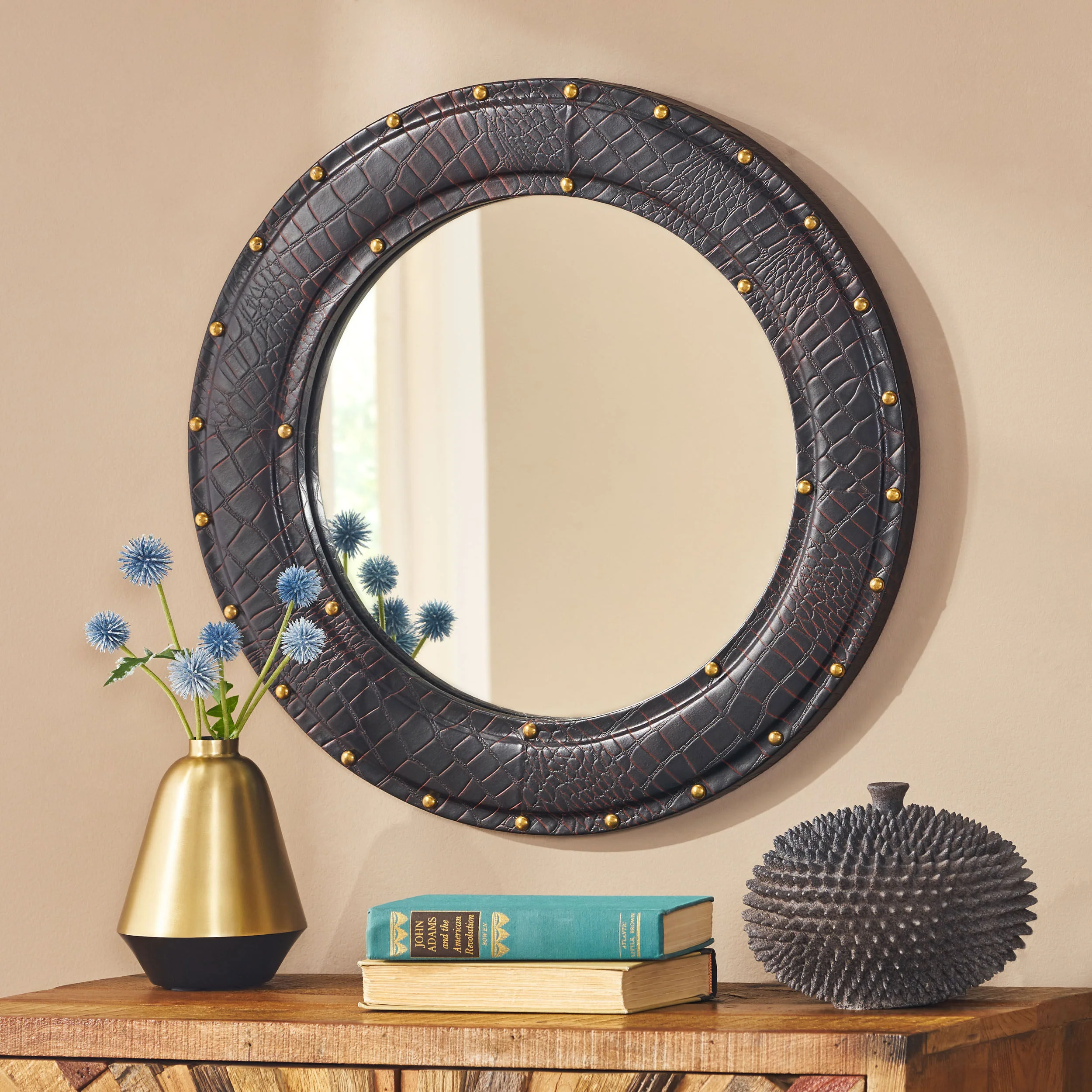 Fieldwood Handcrafted Boho Studded Croco Leather Round Wall Mirror - furnishings