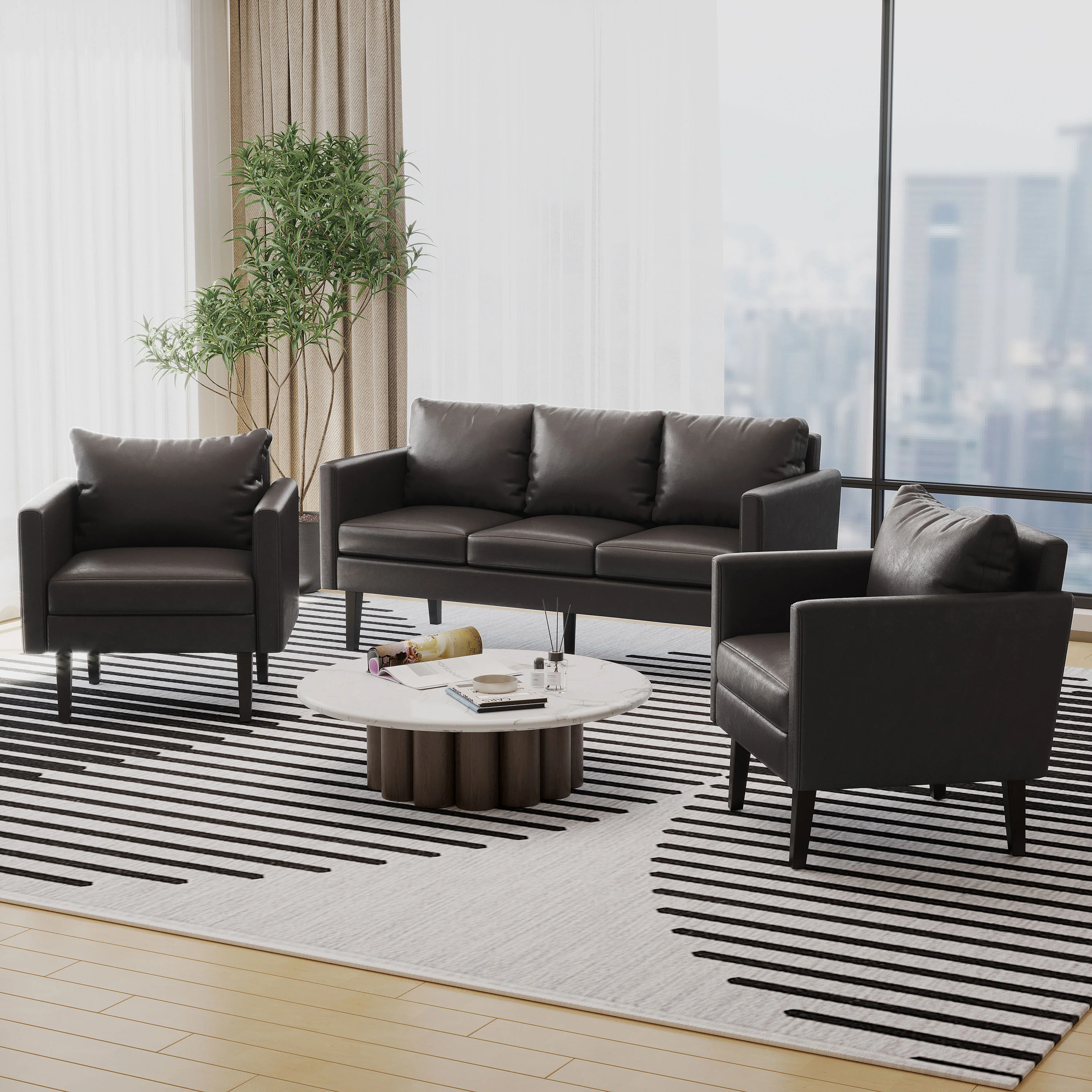 Dowd Mid Century Modern Faux Leather 3 Piece Living Room Sofa Set - furnishings