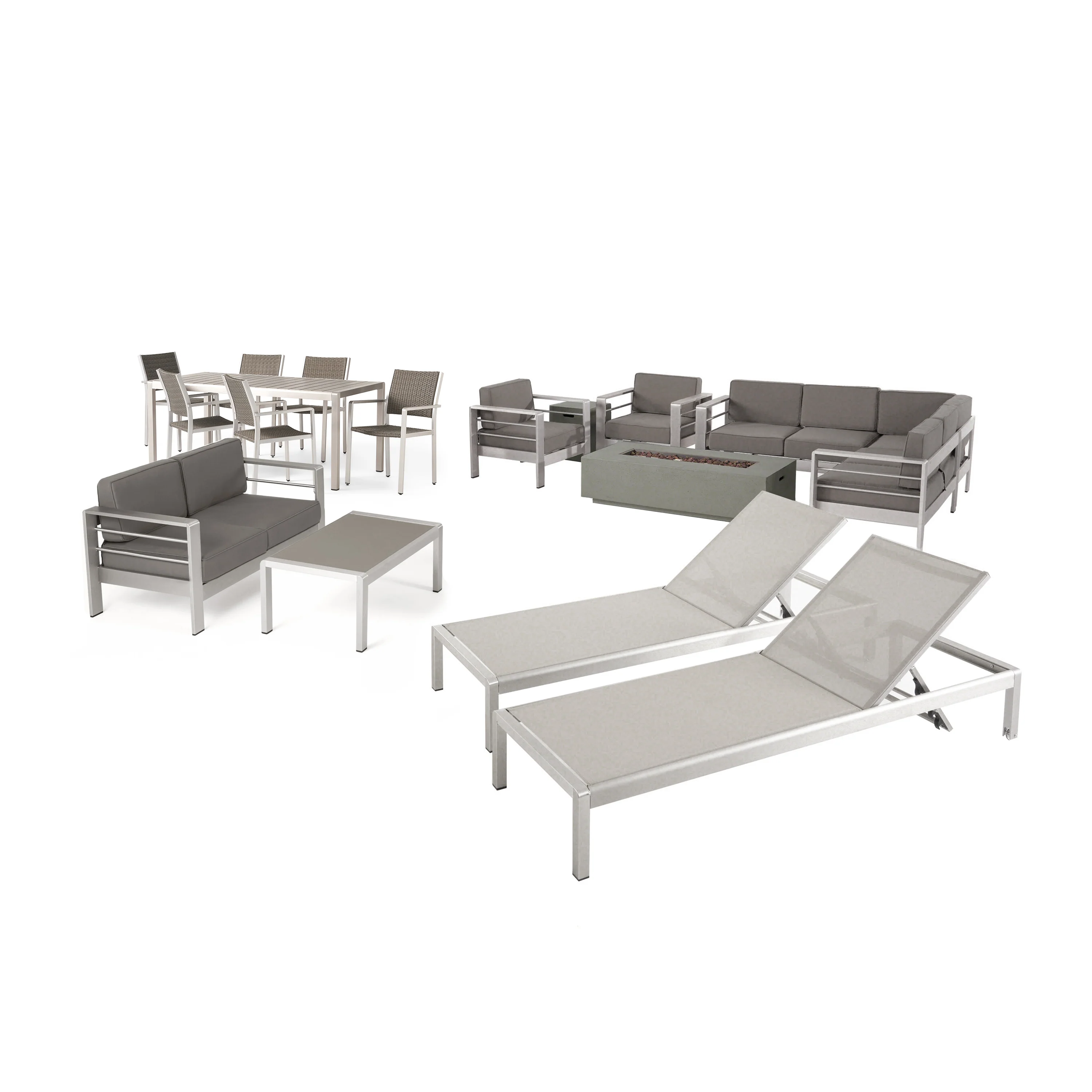Crested Bay 7 Piece Dining Set + Sofa Set + 4pc Chat Set + Dark Gray Fire Pit + 2 Chaise Lounges - furnishings