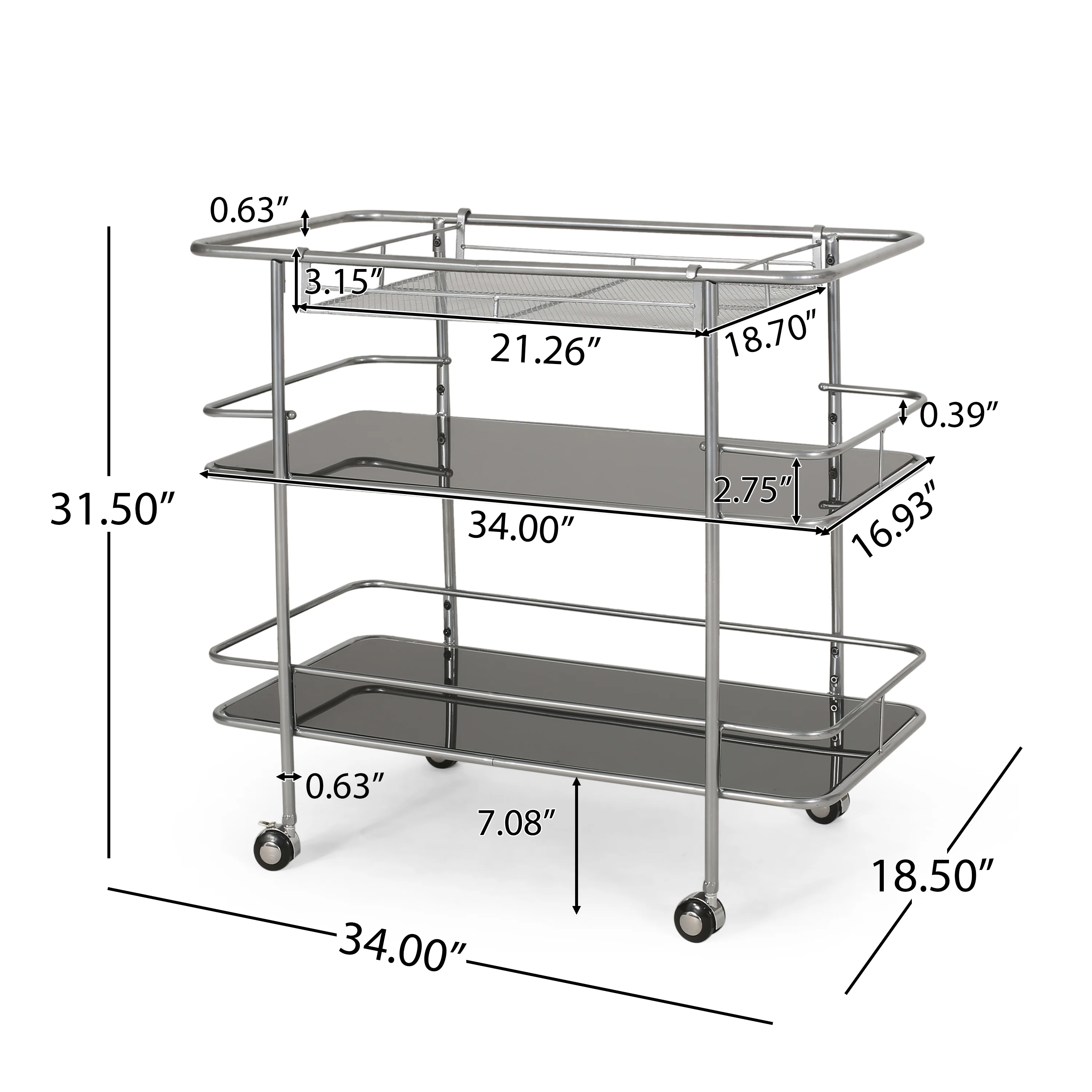Galata Modern 3 Tier Bar Cart with Glass Shelving, Silver and Black - furnishings