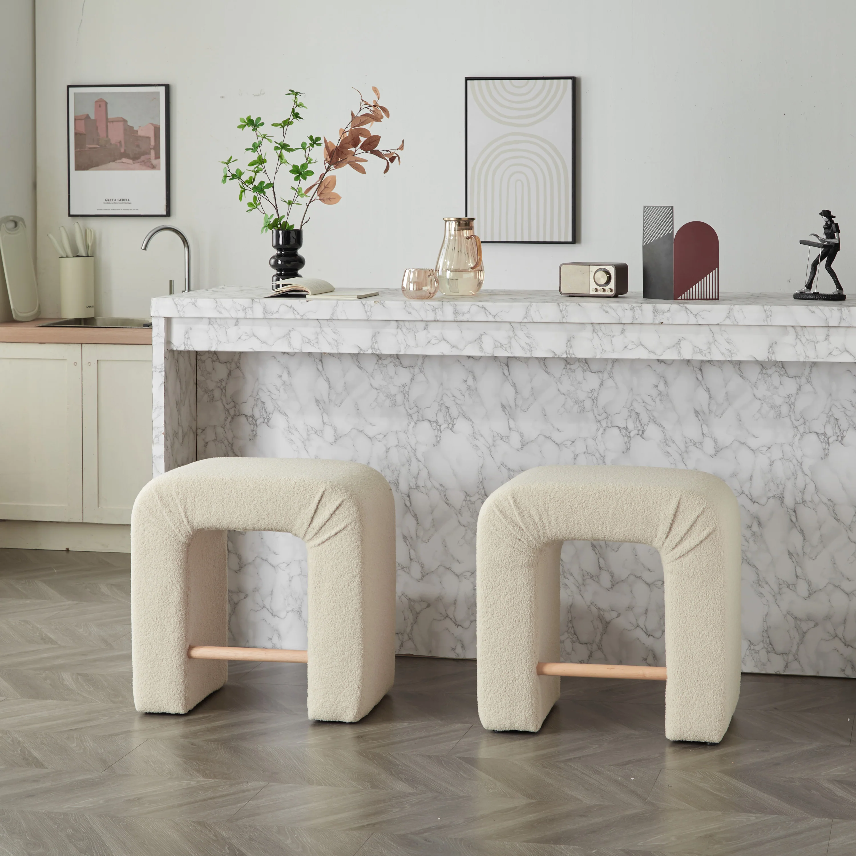 Ridgea Upholstered Boucle Stools with Footrest - furnishings
