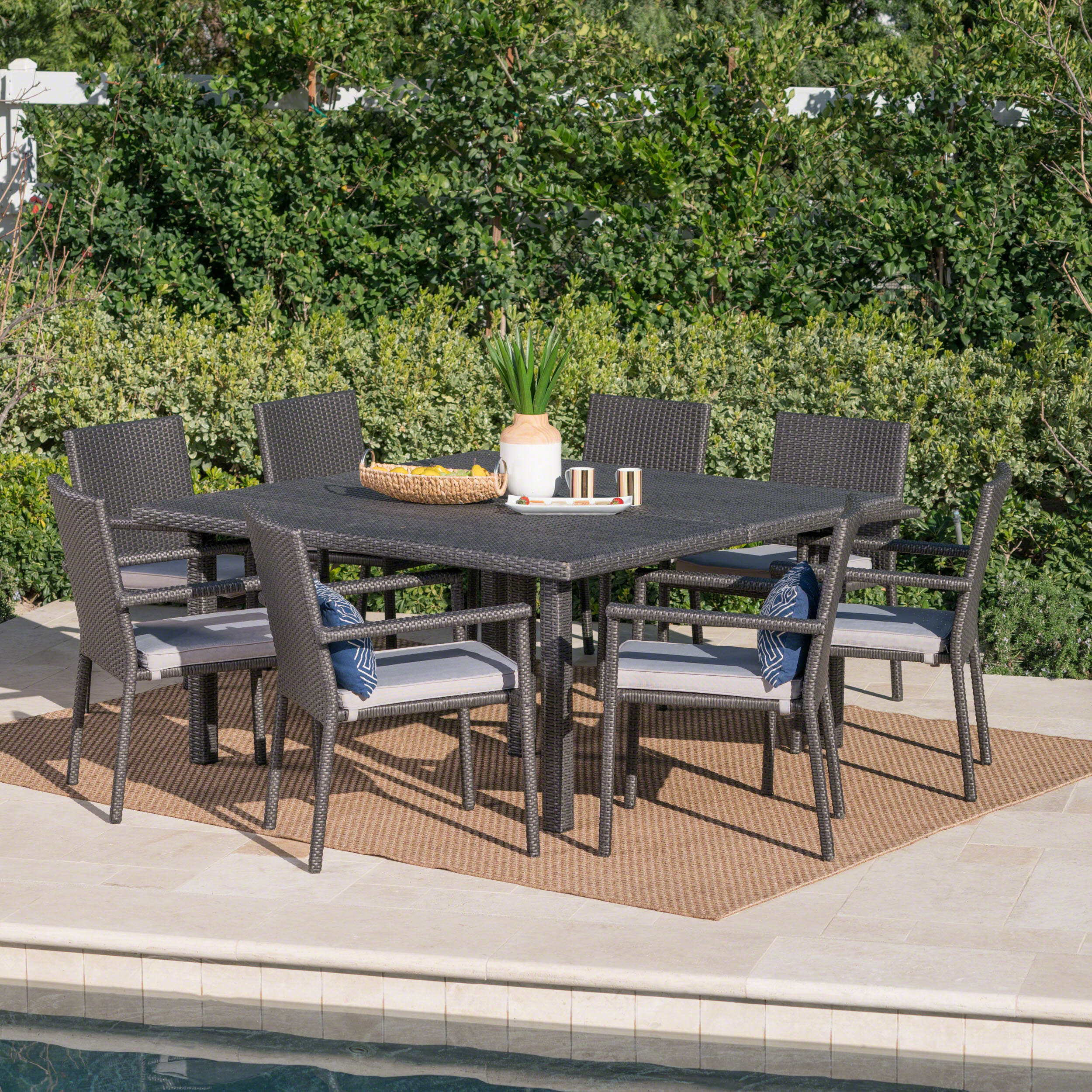 Aden Outdoor 9 Piece Wicker Dining Set with Water Resistant Cushions - furnishings