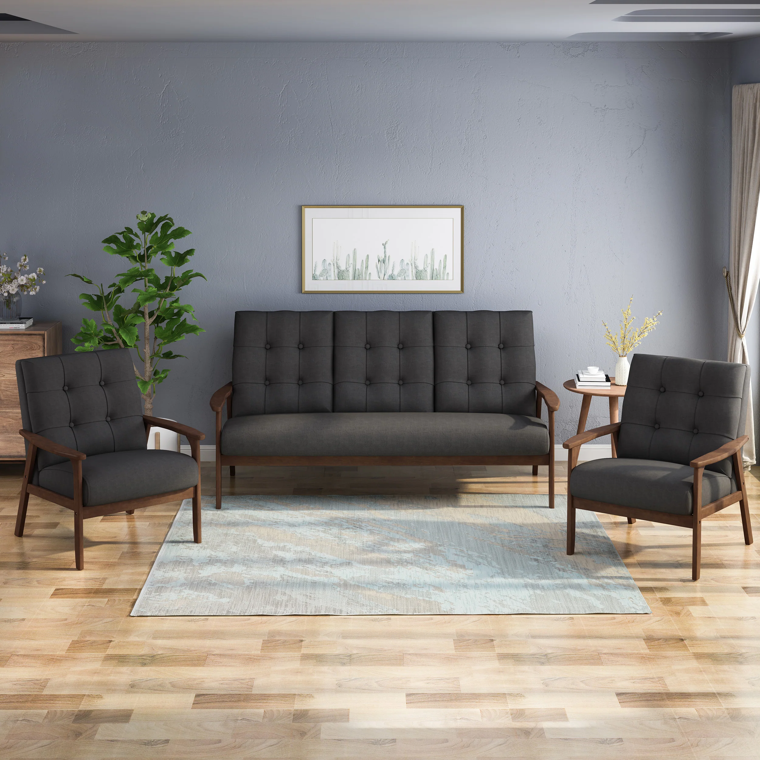 Maureen Mid Century Modern 3-Piece Fabric Chairs & Sofa Living Room Set - furnishings