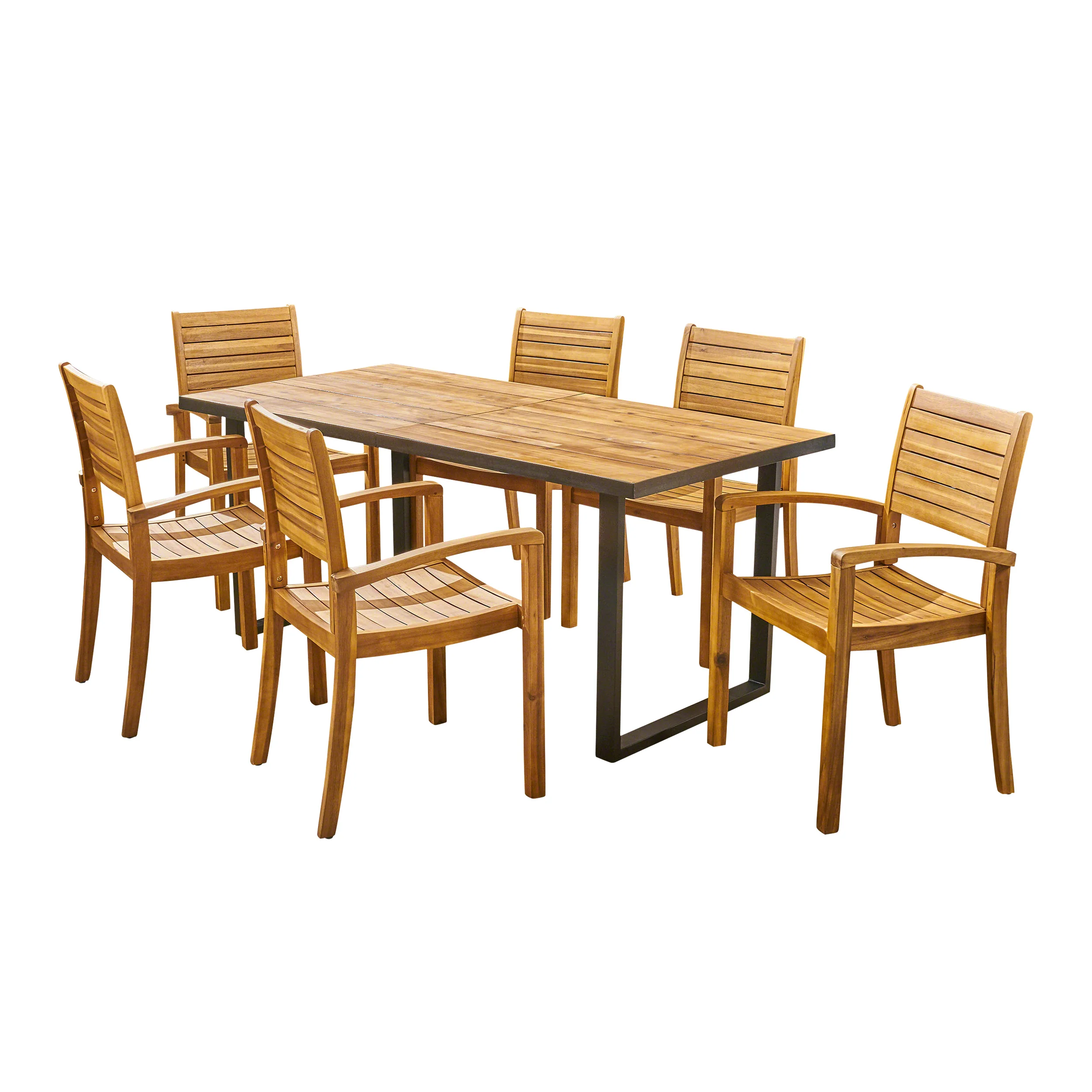Alderson Outdoor 6-Seater Rectangular Acacia Wood Dining Set, Teak and Black - furnishings