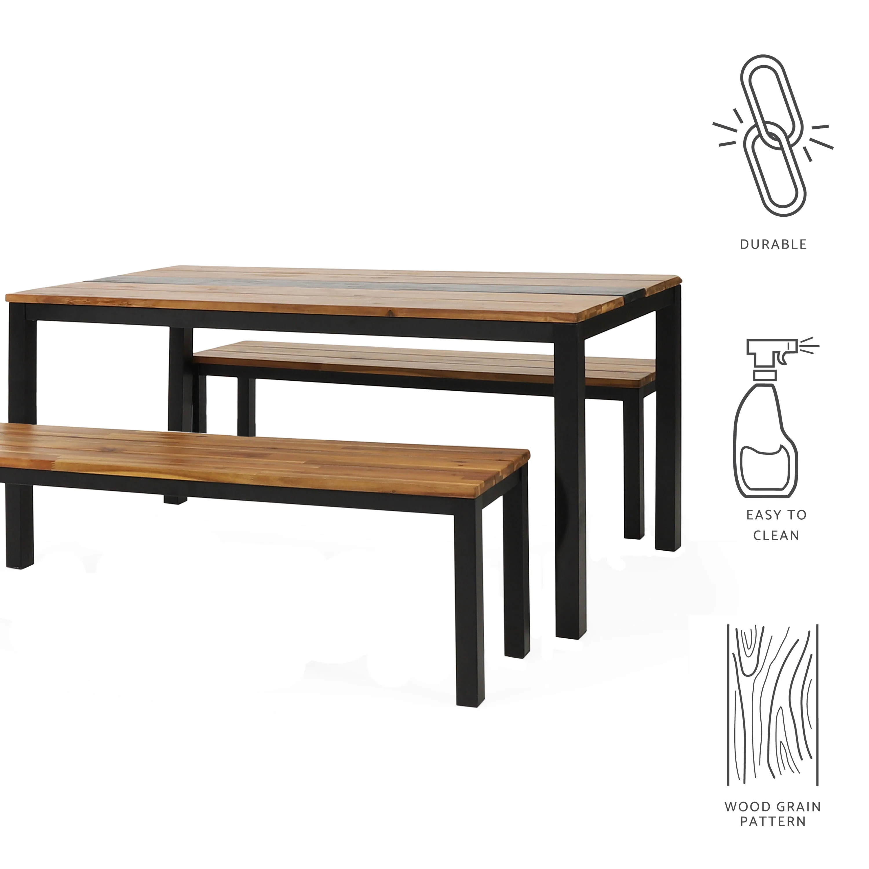 Colcord Outdoor Modern Industrial Acacia Wood 3 Piece Picnic Set, Teak and Black - furnishings